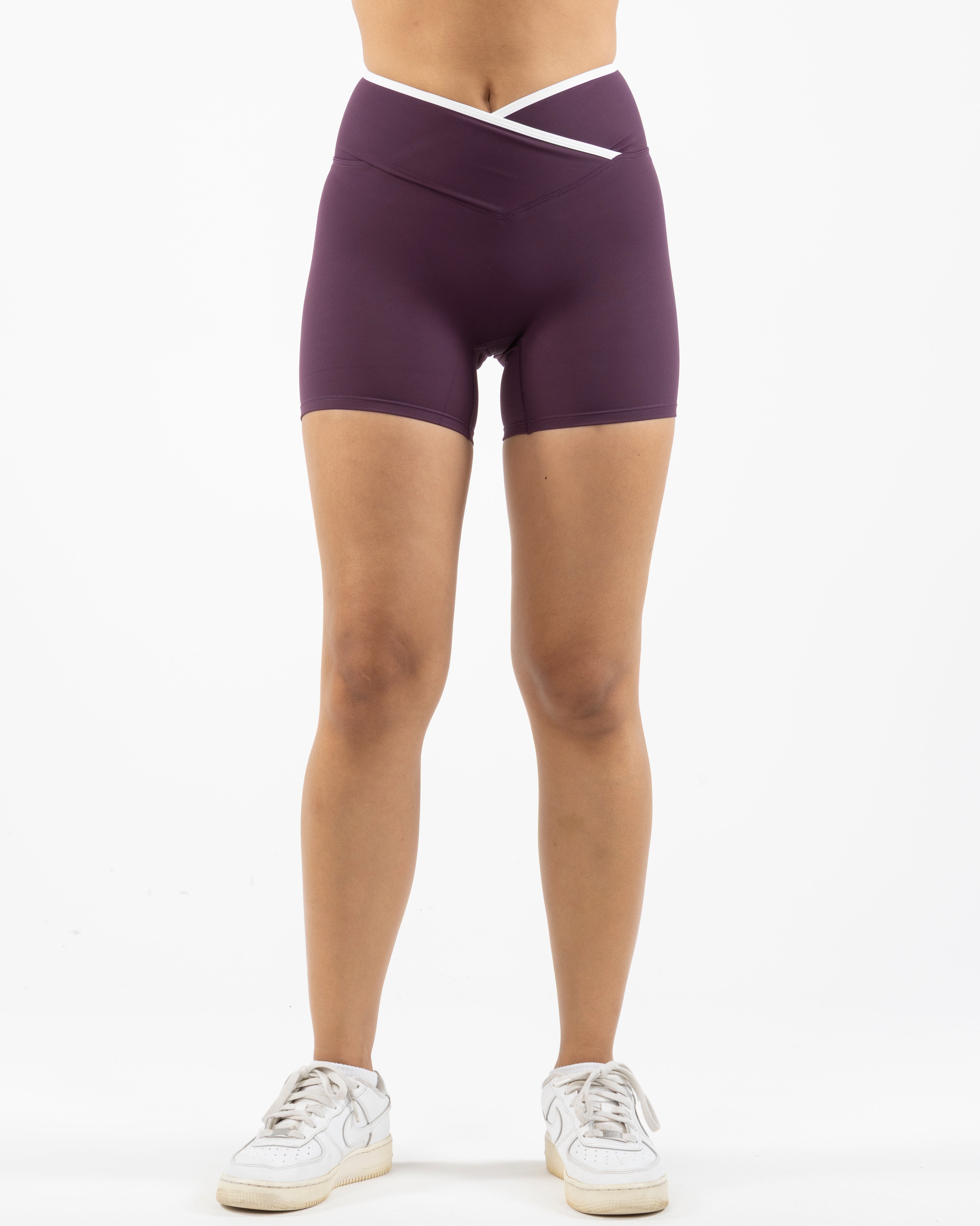 The Piped Crossover Short - Purple - The Refinery Fitness Studio - Center Back - Printed - White