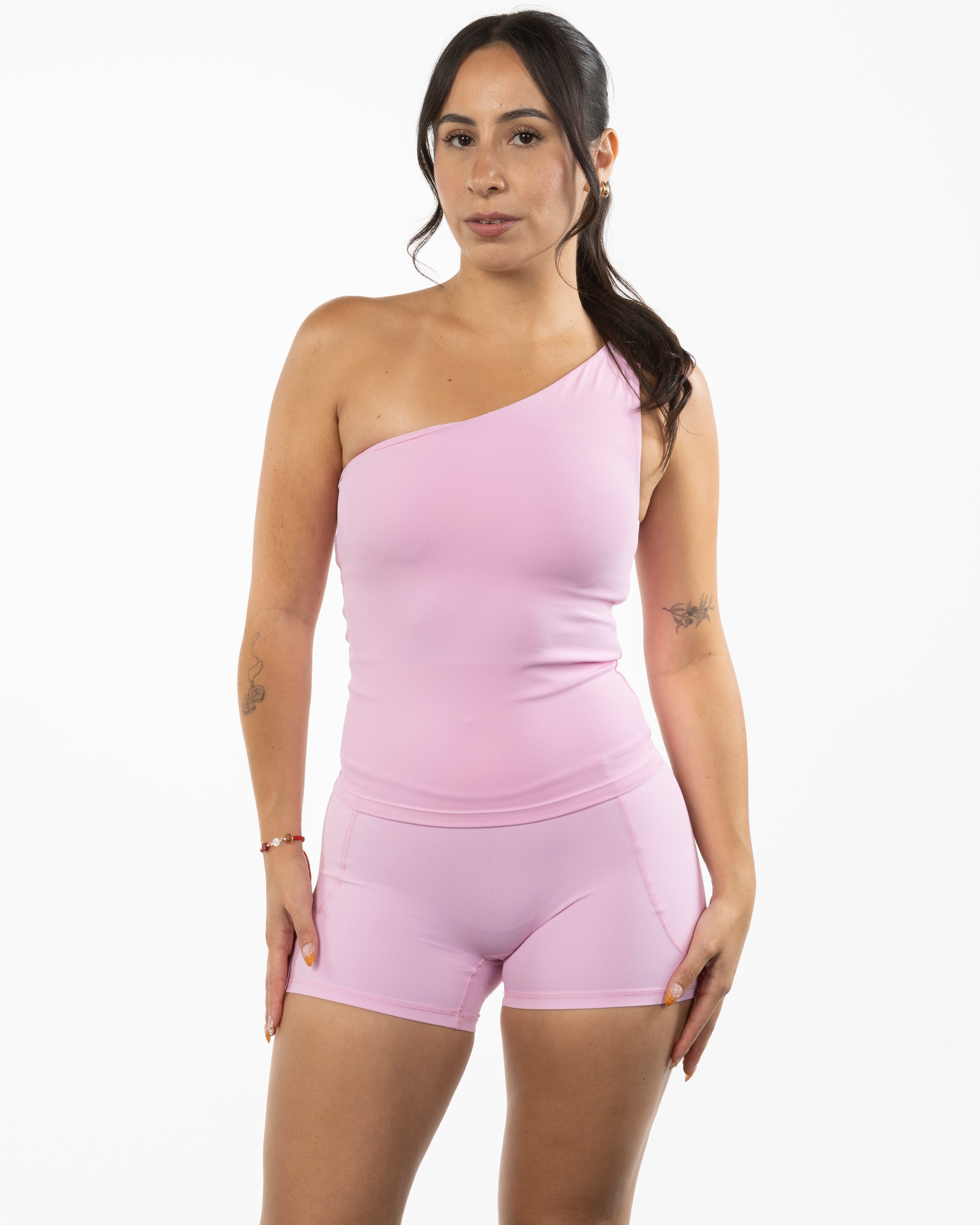 The One Shoulder Tank - Pink - MAT - Center Back - Printed - White