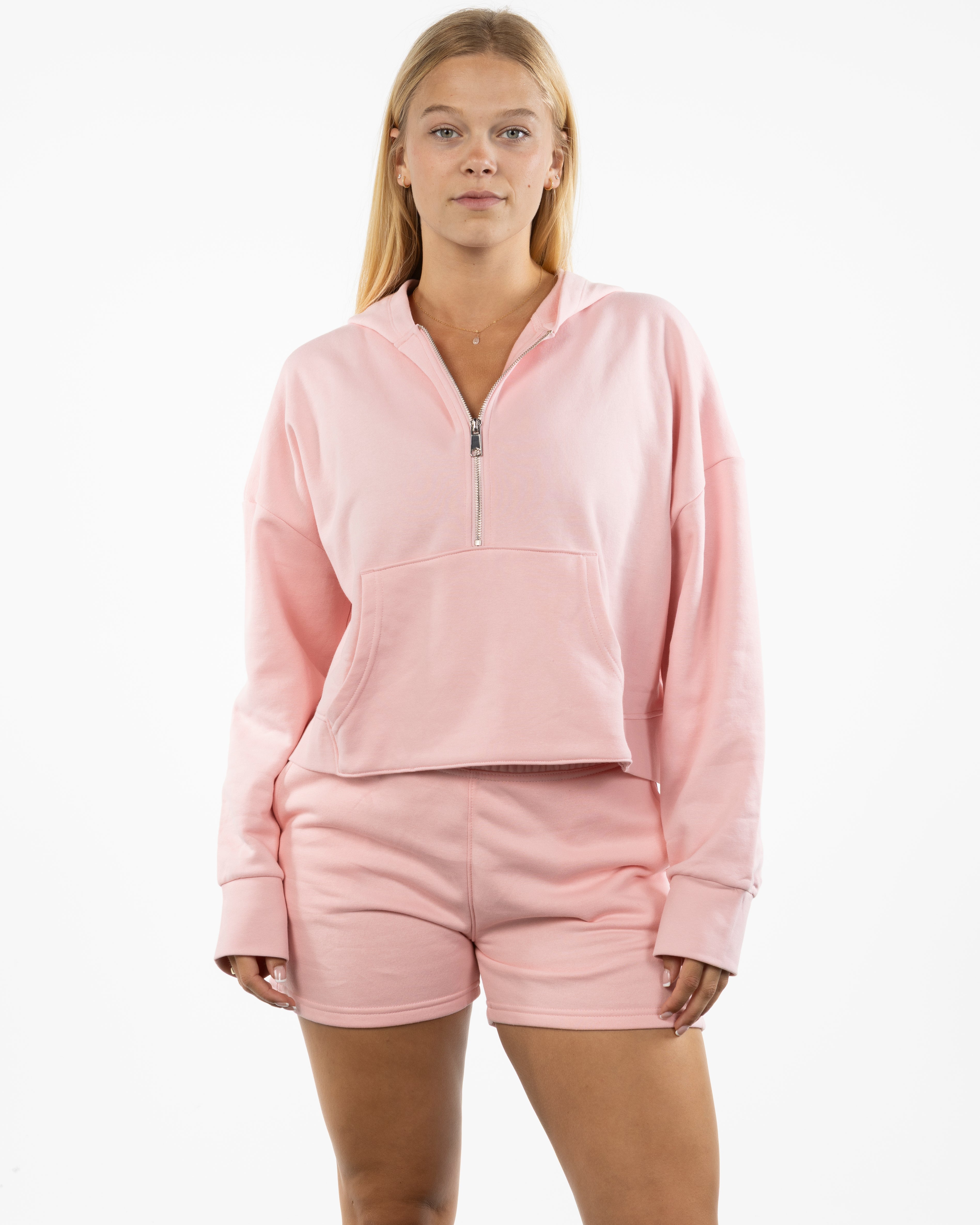 The Half Zip Hoodie - Light Pink - Viva Pilates - Left Chest Stacked - Printed - Berry