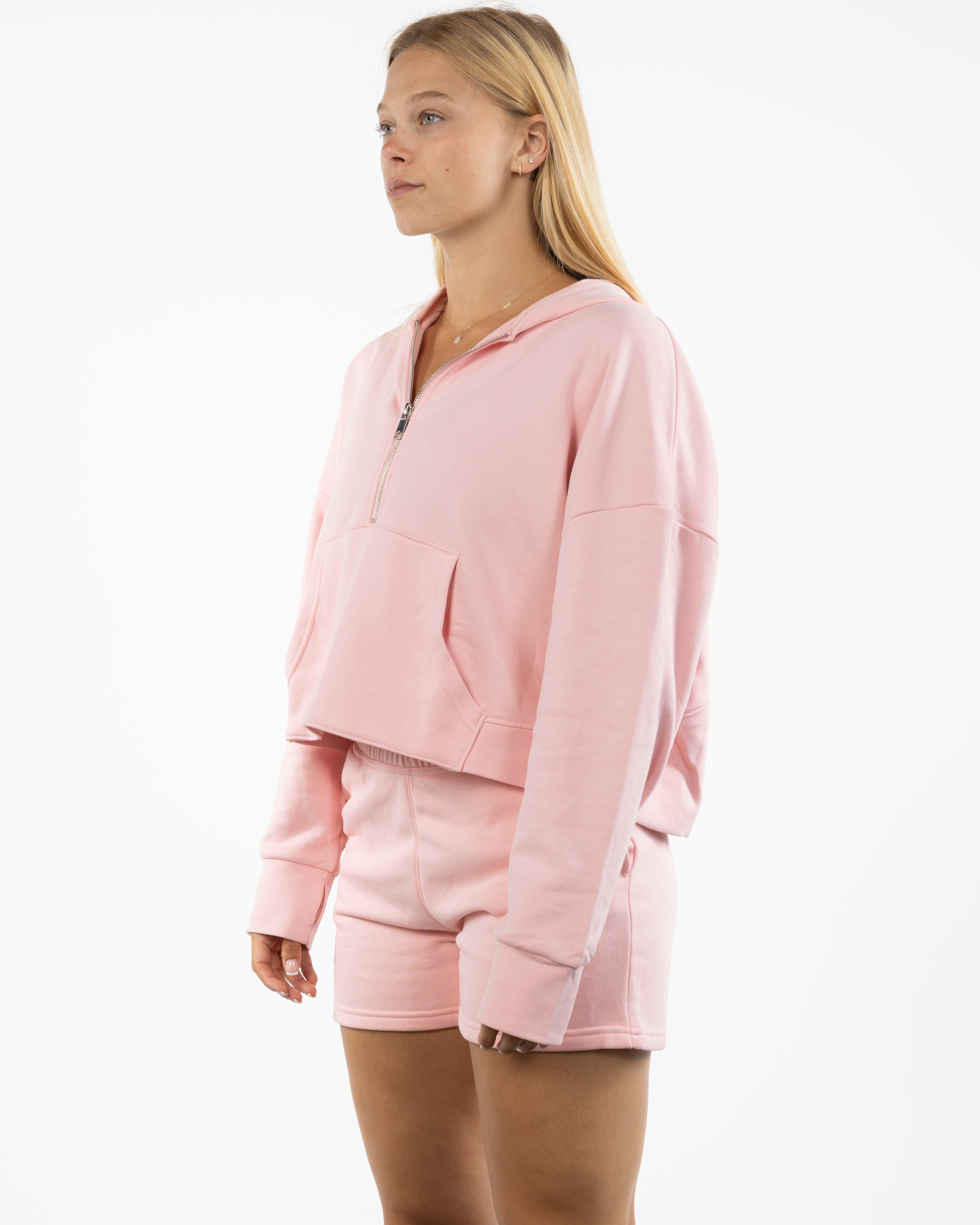 The Half Zip Hoodie - Light Pink - Viva Pilates - Left Chest Stacked - Printed - Berry