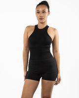 The High Neck Racer Tank - Black - TML - Front Neckline - Printed - White