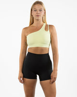 The One Shoulder Bra - Yellow- Uprise Hot Yoga - Center Back - Printed - Black