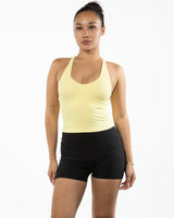 The Sporty Strappy Tank - Yellow - Pulse 712 - Center Chest Stacked - Printed - White