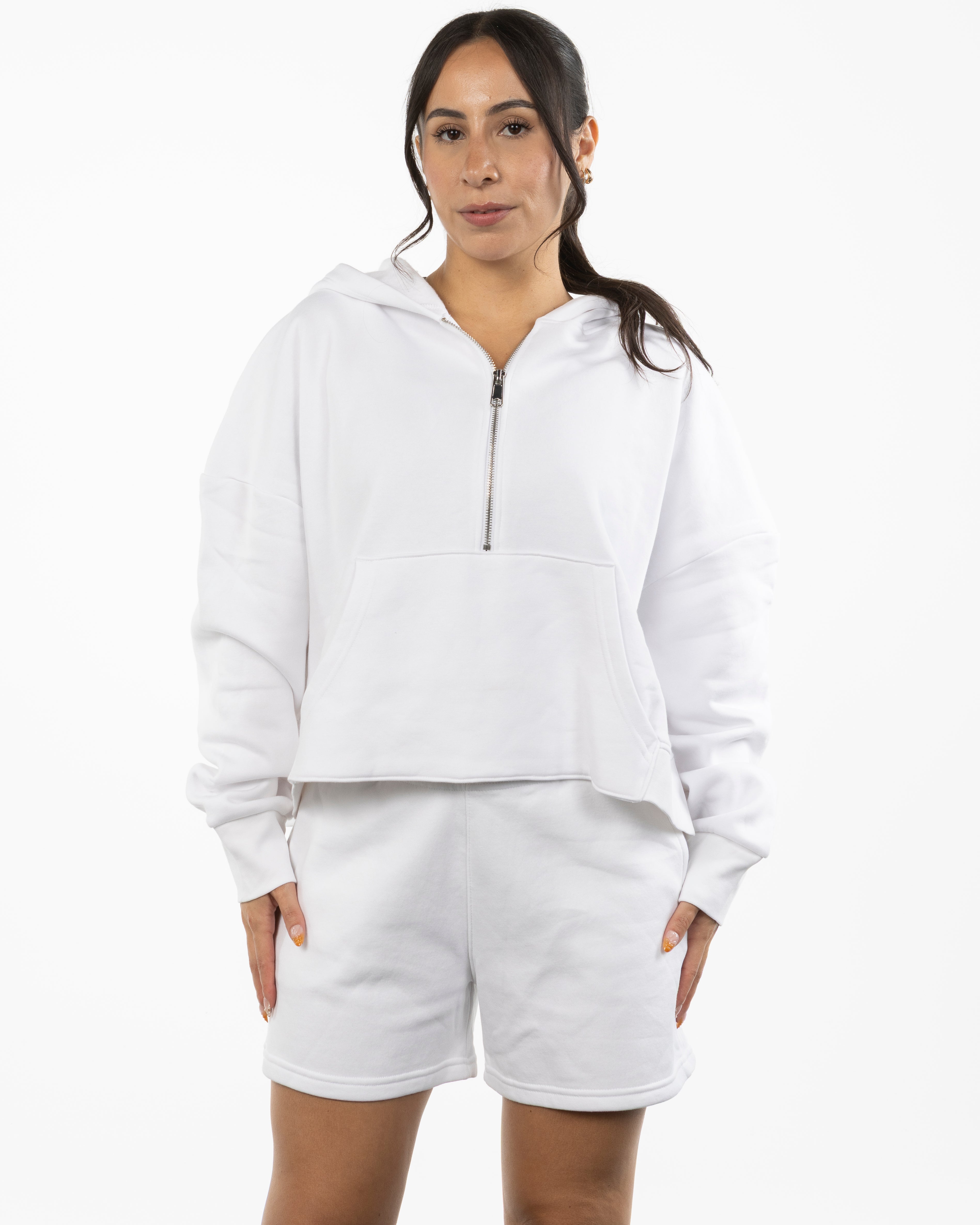 The Half Zip Hoodie - White - Rise Lagree - Left Chest "SUN" & Back Stacked - Printed - Orange