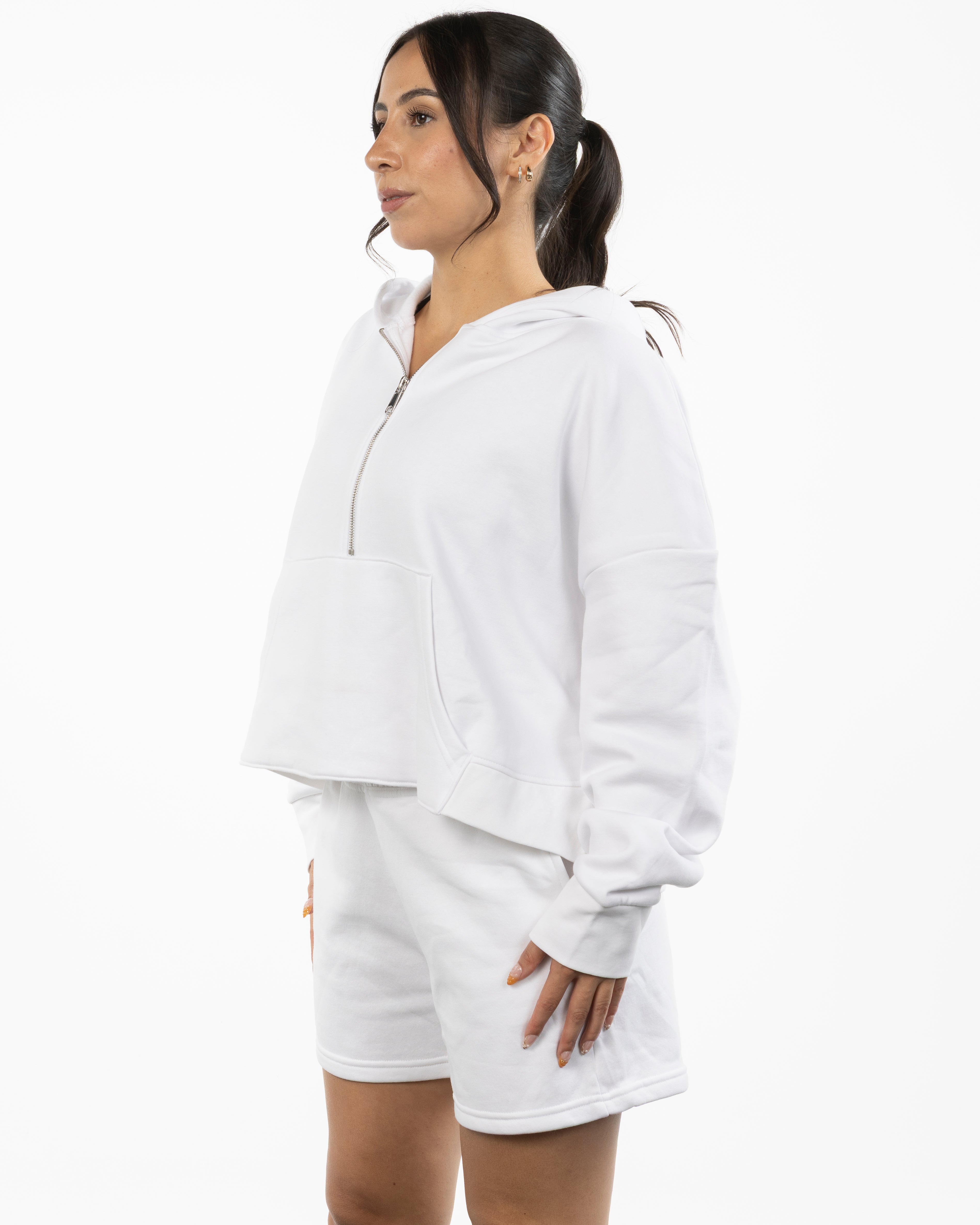 The Half Zip Hoodie - White - Rise Lagree - Left Chest "SUN" & Back Stacked - Printed - Orange