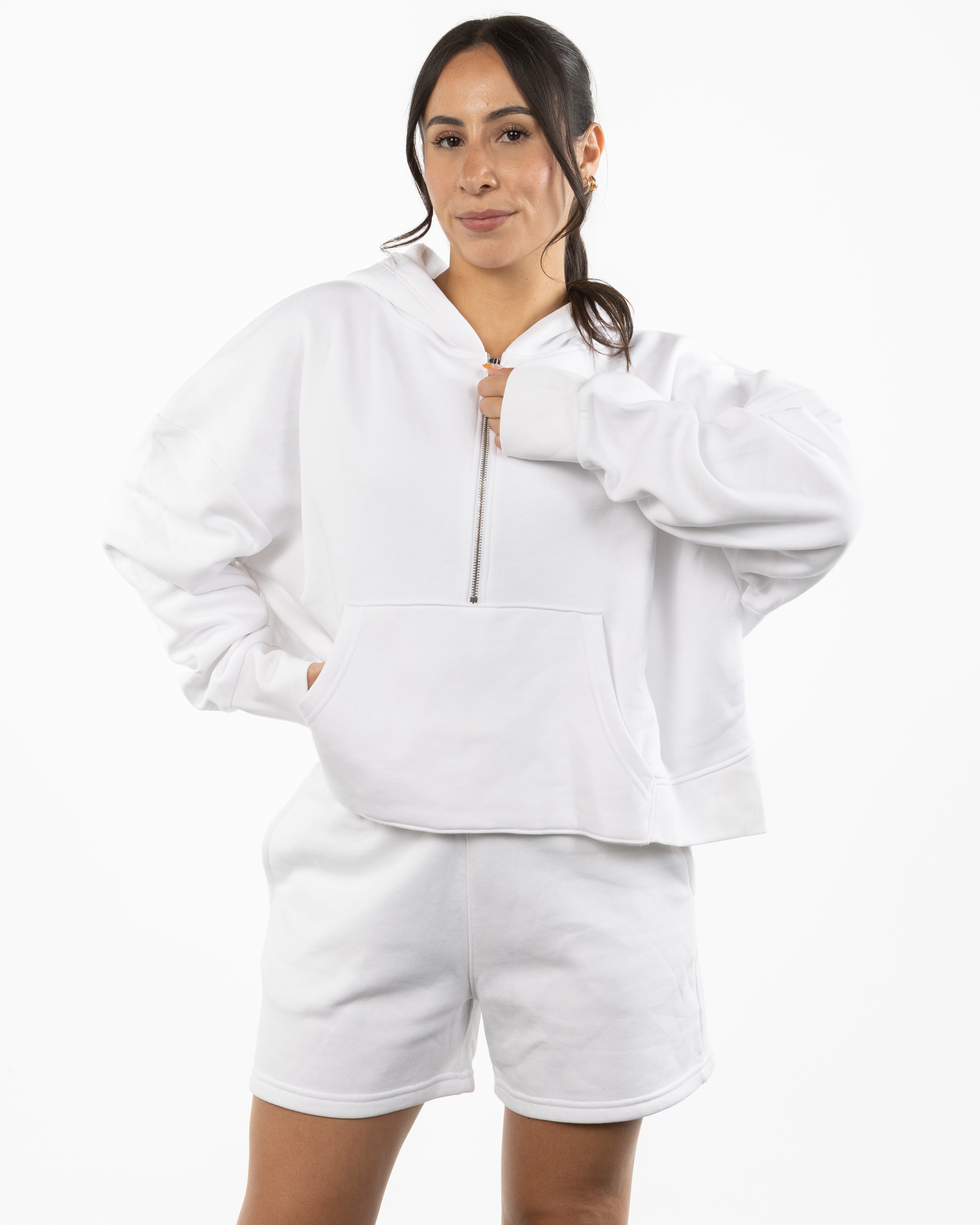 The Half Zip Hoodie - White - Rise Lagree - Left Chest "SUN" & Back Stacked - Printed - Orange