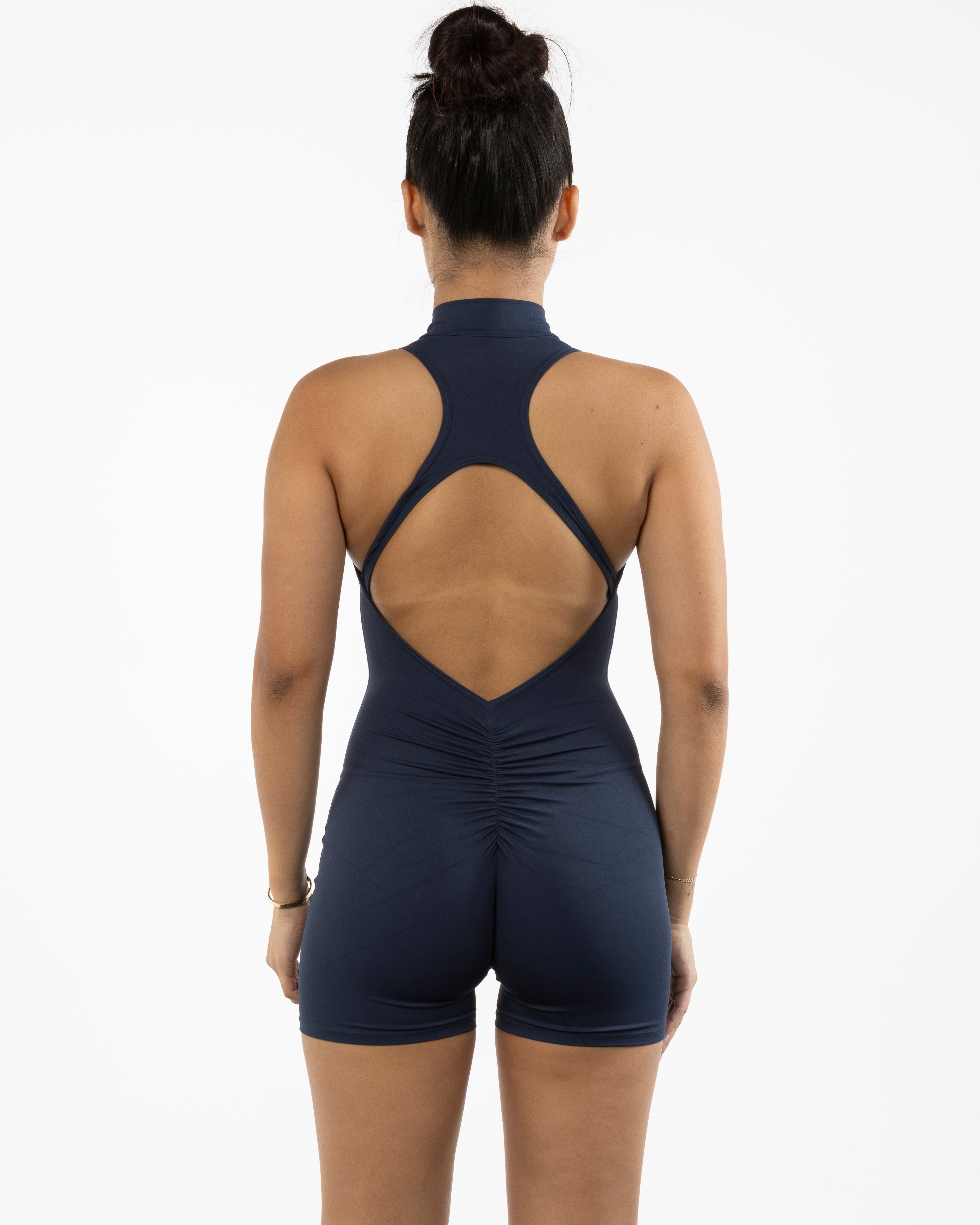 The High Neck Zip Jumpsuit - Navy - HiLo - Center Back - Printed - White