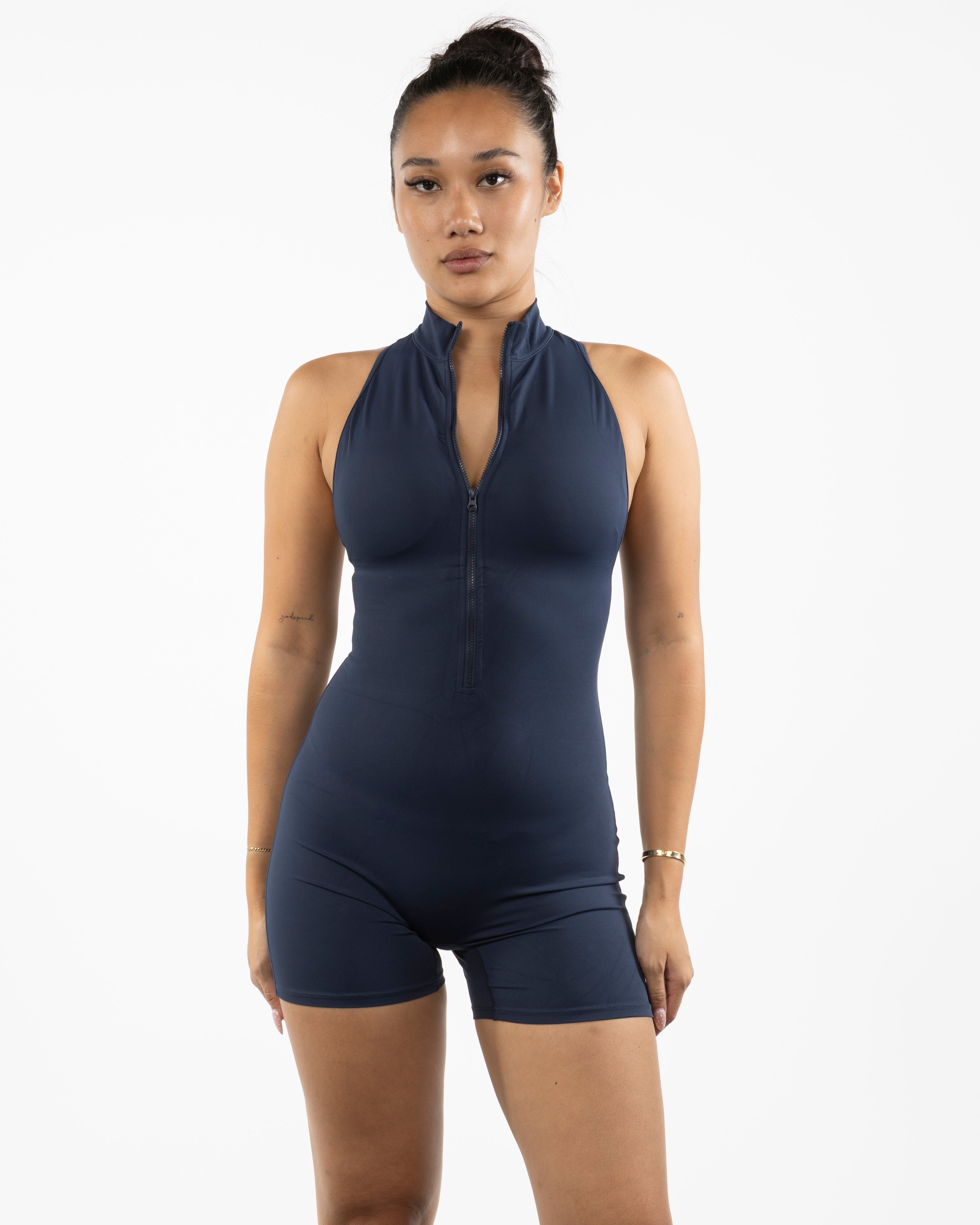 The High Neck Zip Jumpsuit - Navy - HiLo - Center Back - Printed - White