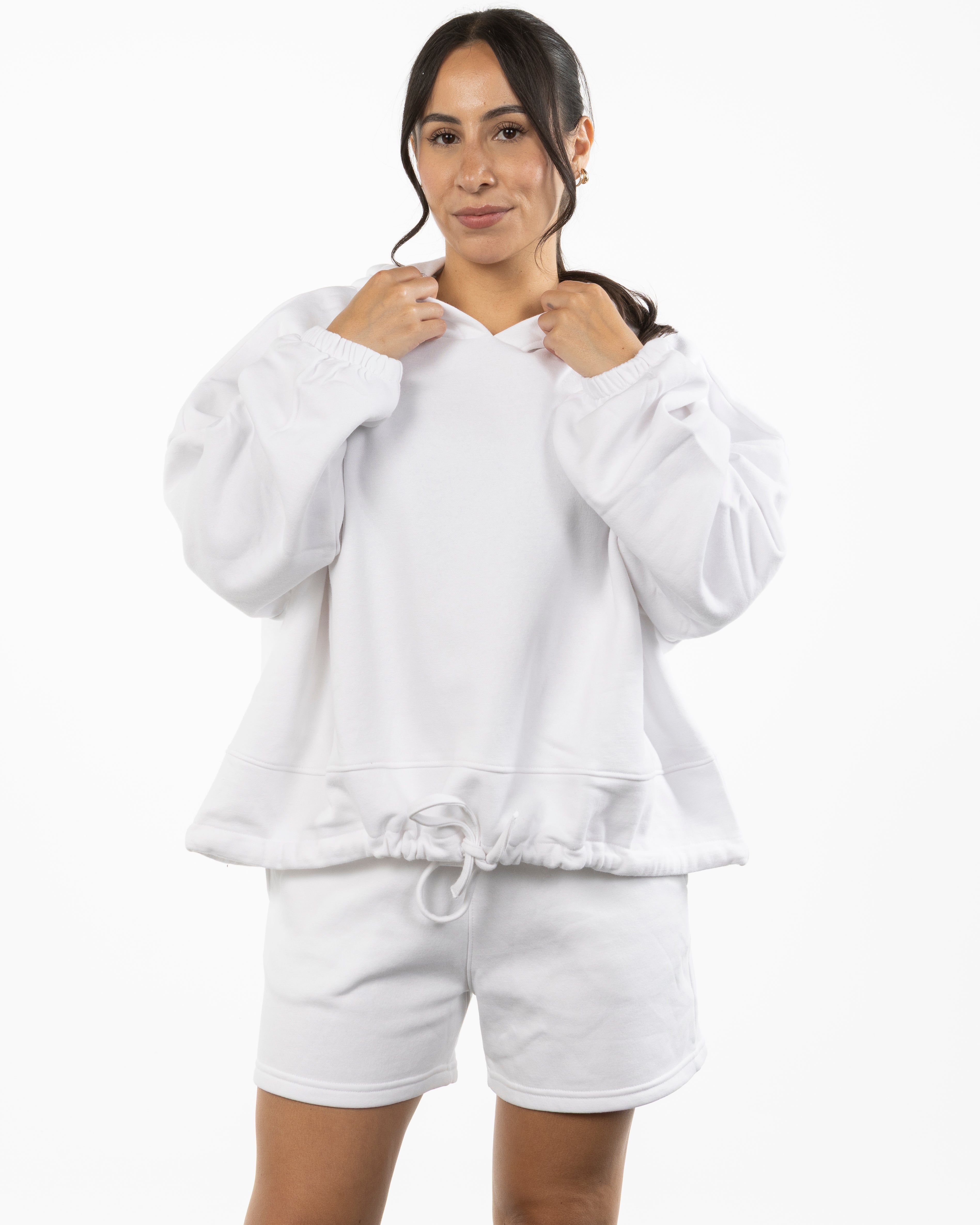 The Cropped Drawstring Hoodie - White - EVERCORE - Center Chest - Printed - Full Color