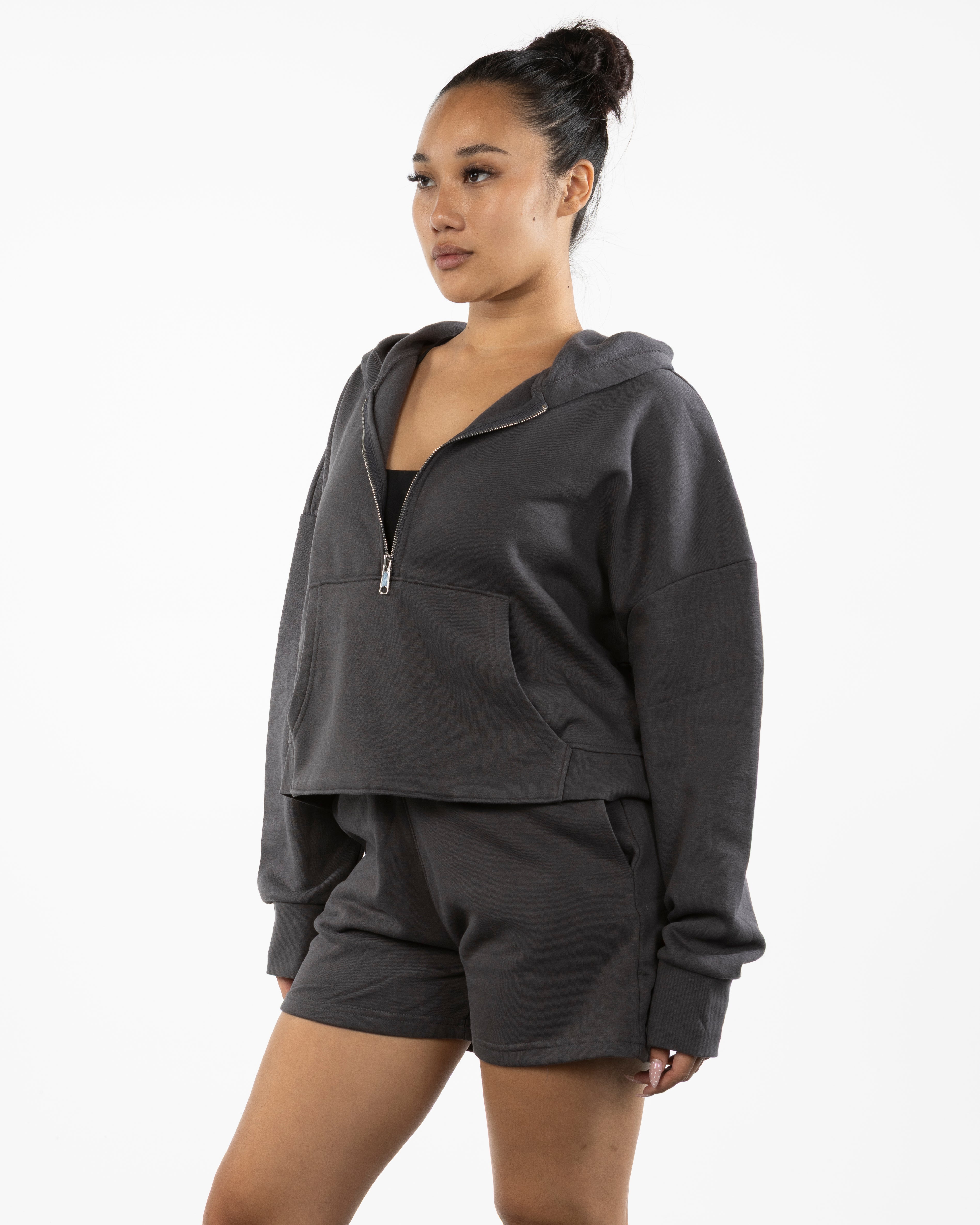 The Half Zip Hoodie - Charcoal - BlueCarrot - Left Chest - Printed - White