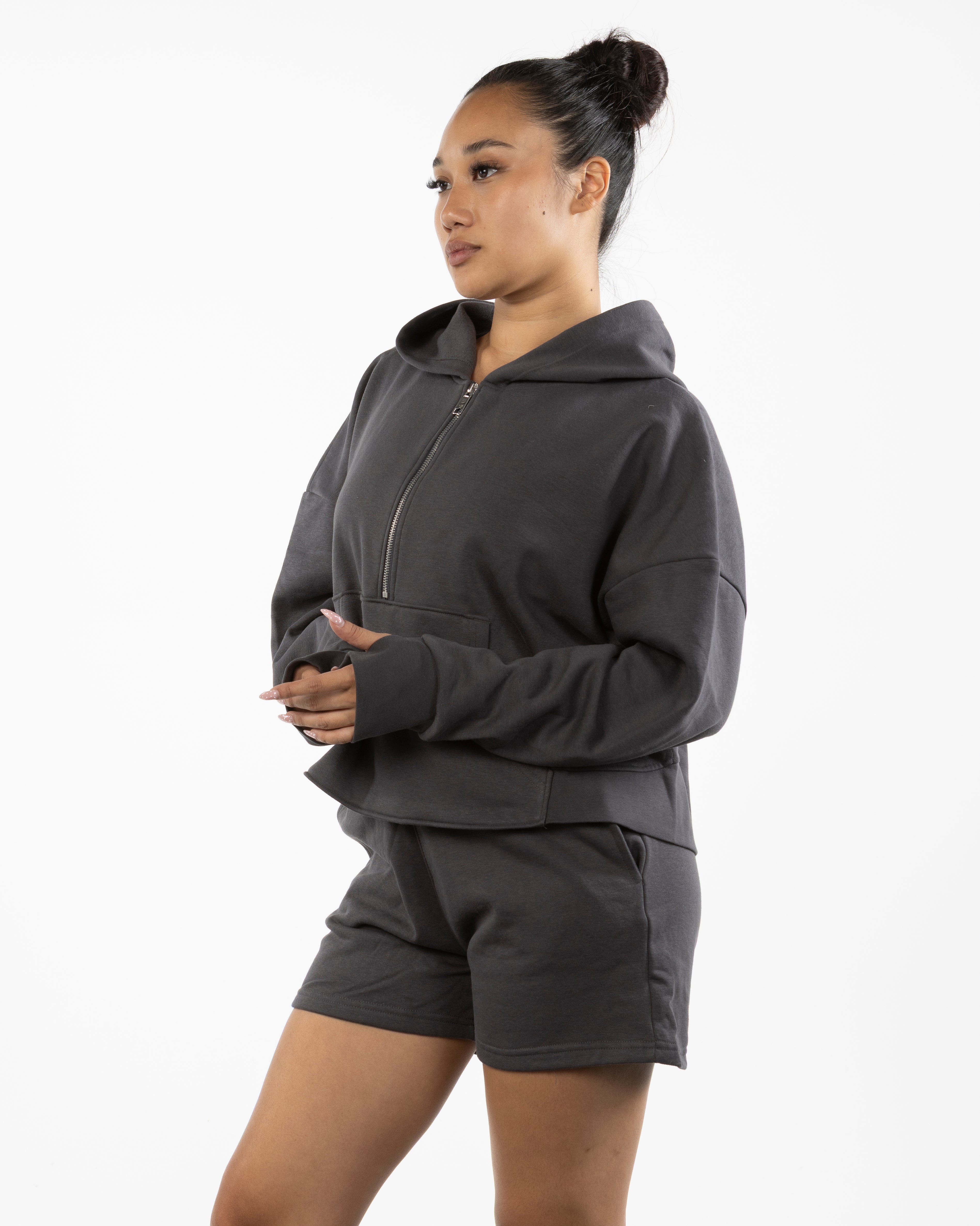 The Half Zip Hoodie - Charcoal - BlueCarrot - Left Chest - Printed - White