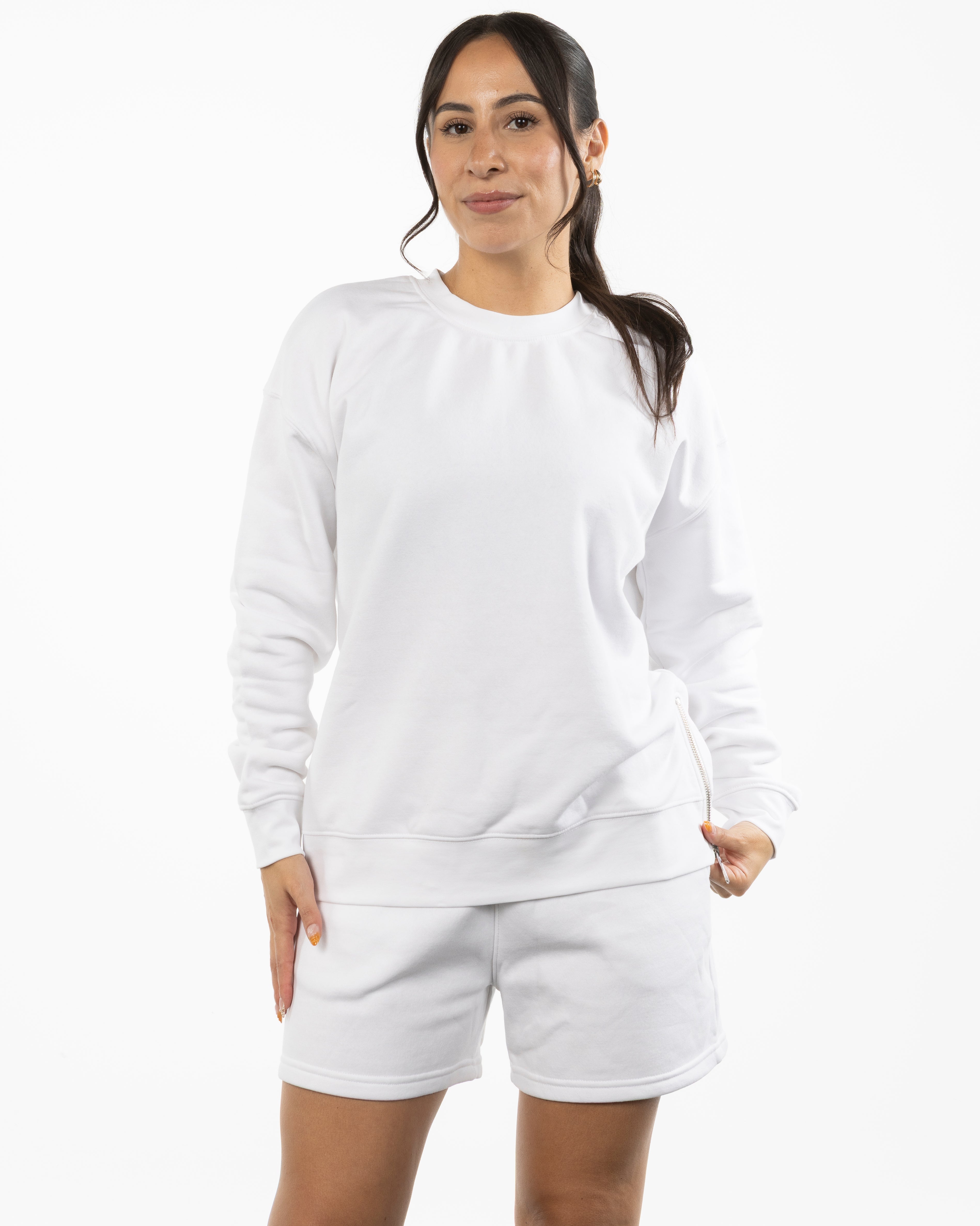 The Side Zip Crewneck - White - Soul Yoga - Center Chest Script - Printed - Lavender