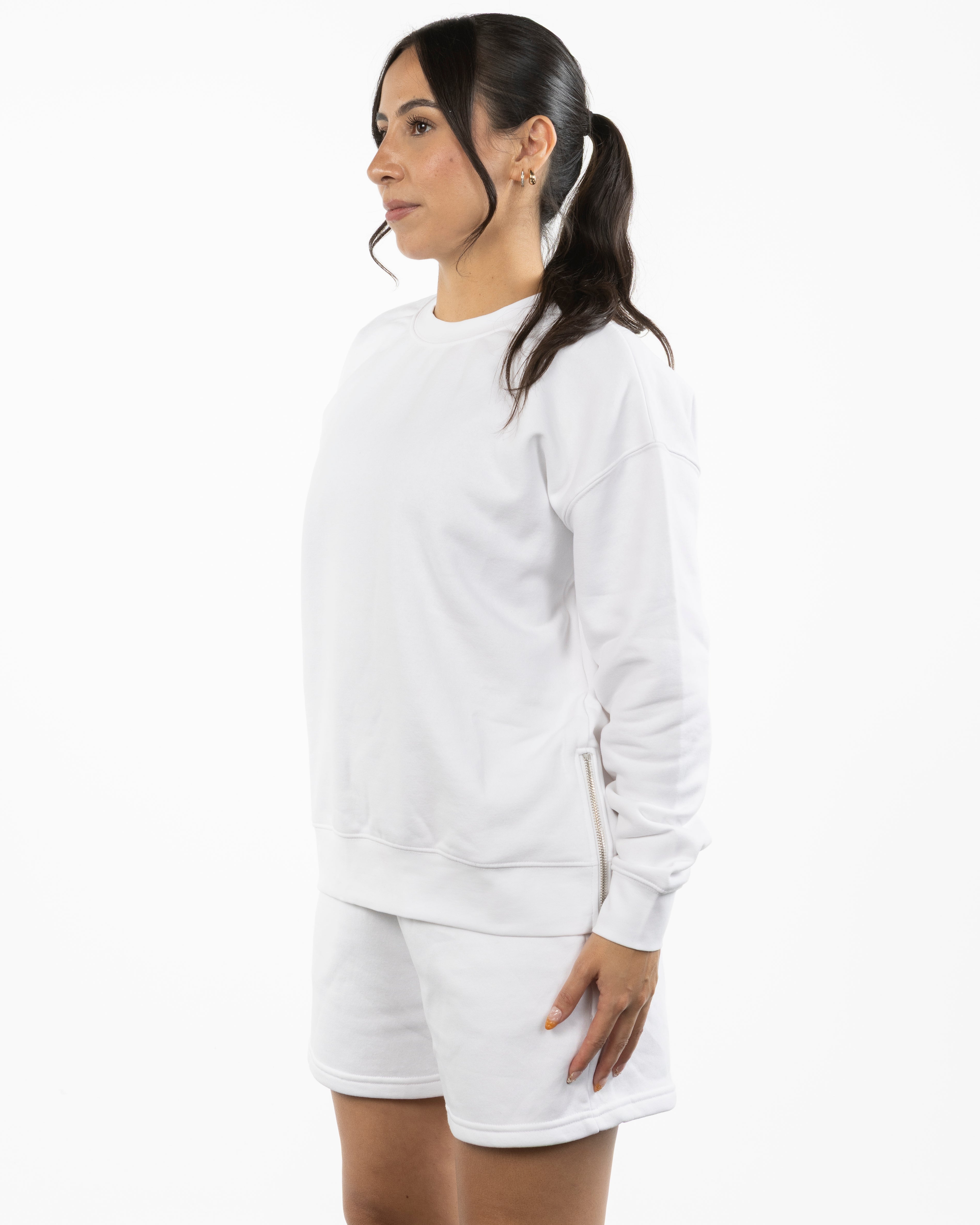 The Side Zip Crewneck - White - Soul Yoga - Center Chest Script - Printed - Lavender