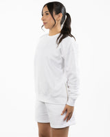The Side Zip Crewneck - White - Soul Yoga - Center Chest Script - Printed - Lavender