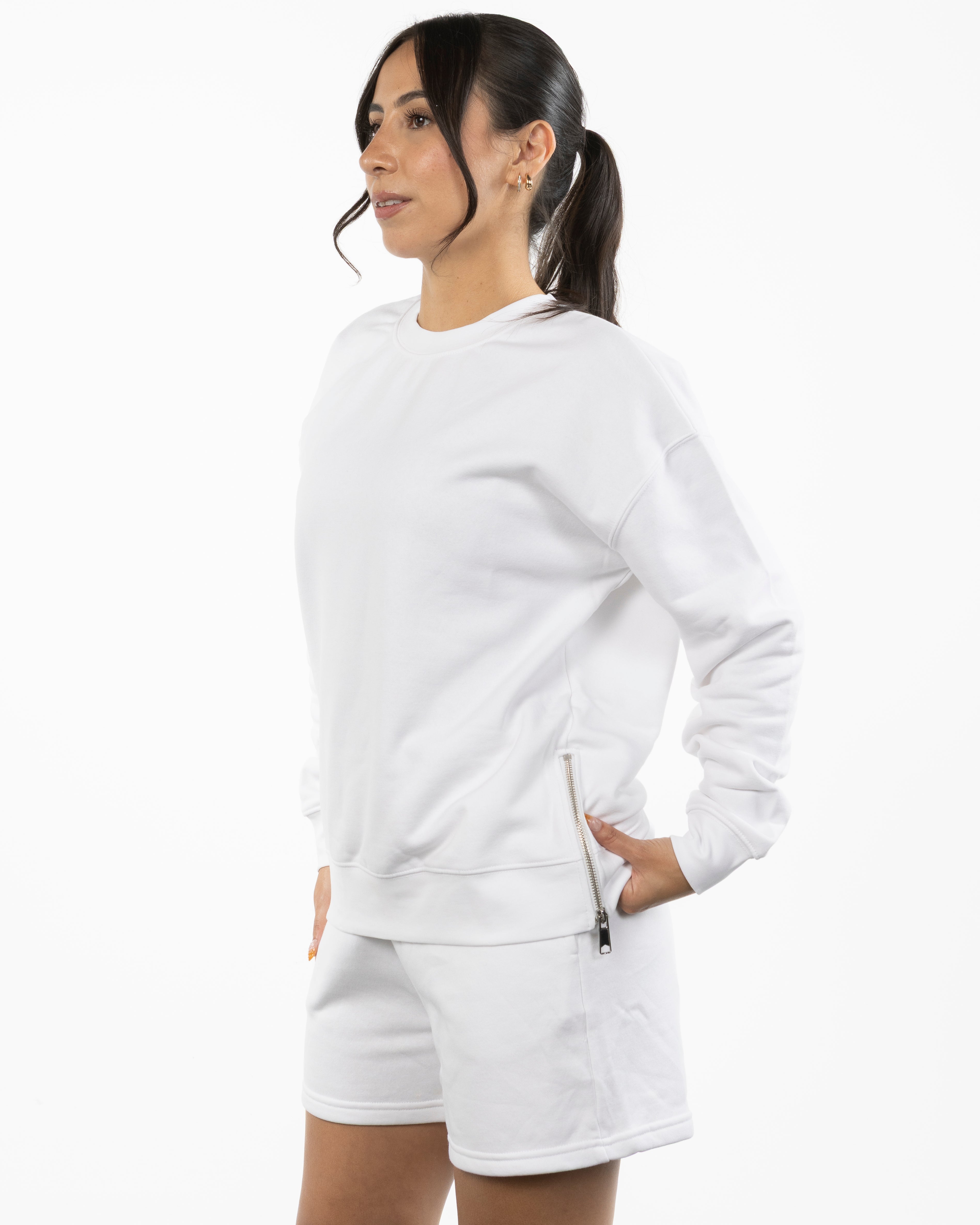 The Side Zip Crewneck - White - Soul Yoga - Center Chest Script - Printed - Lavender