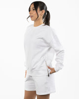 The Side Zip Crewneck - White - Soul Yoga - Center Chest Script - Printed - Lavender