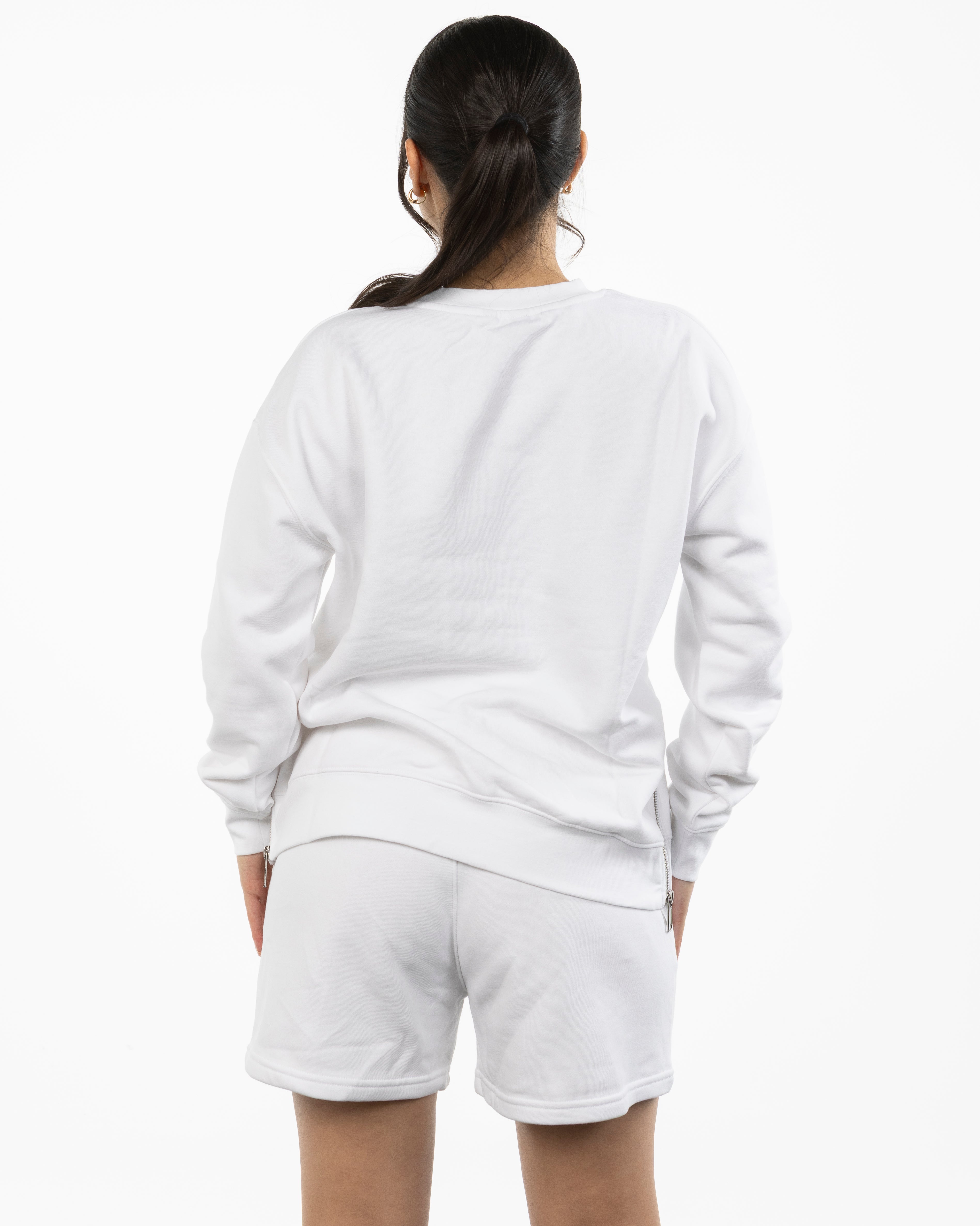 The Side Zip Crewneck - White - Soul Yoga - Center Chest Script - Printed - Lavender
