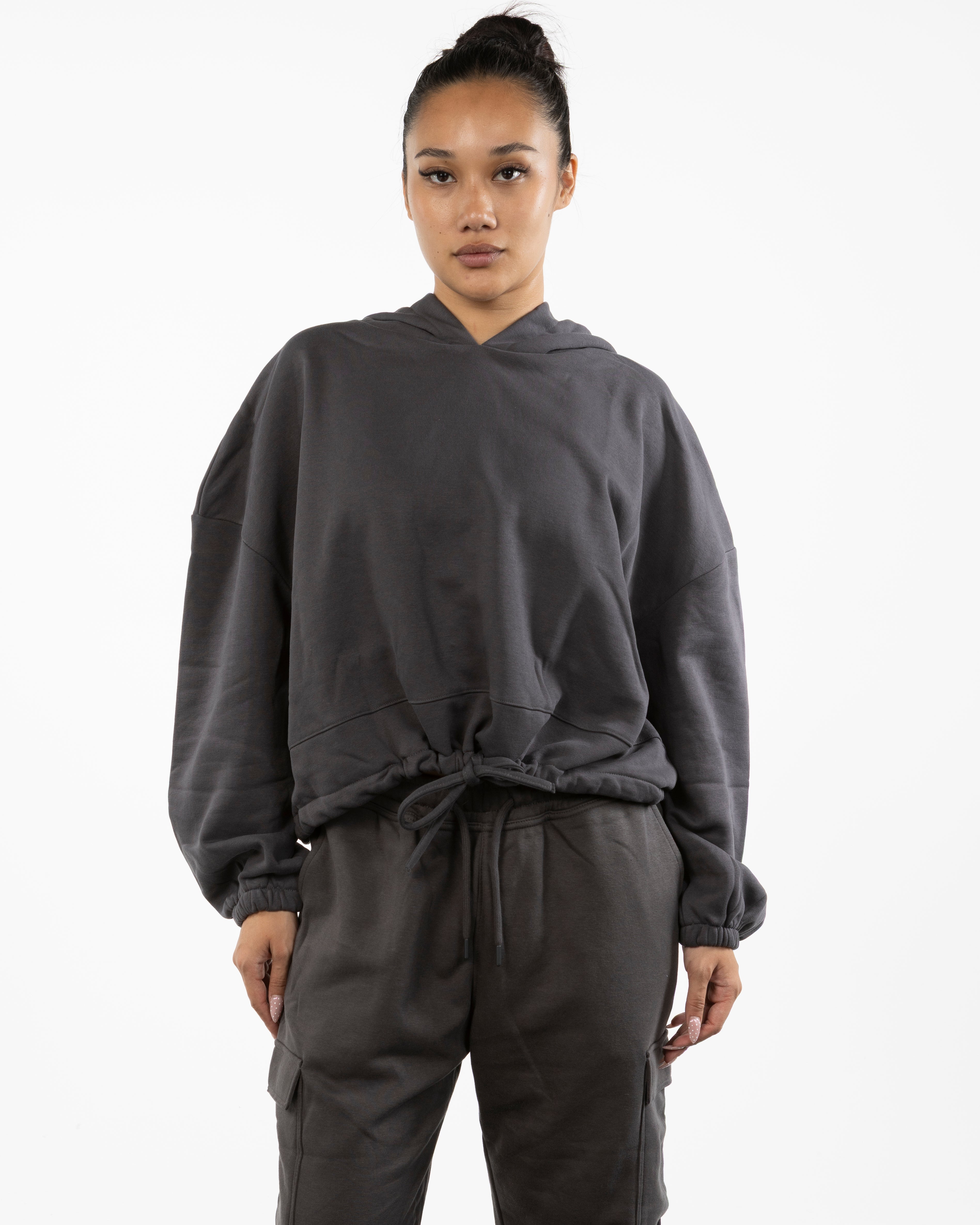 The Cropped Drawstring Hoodie - Charcoal - HiLo - Center Chest - Printed - OffWhite