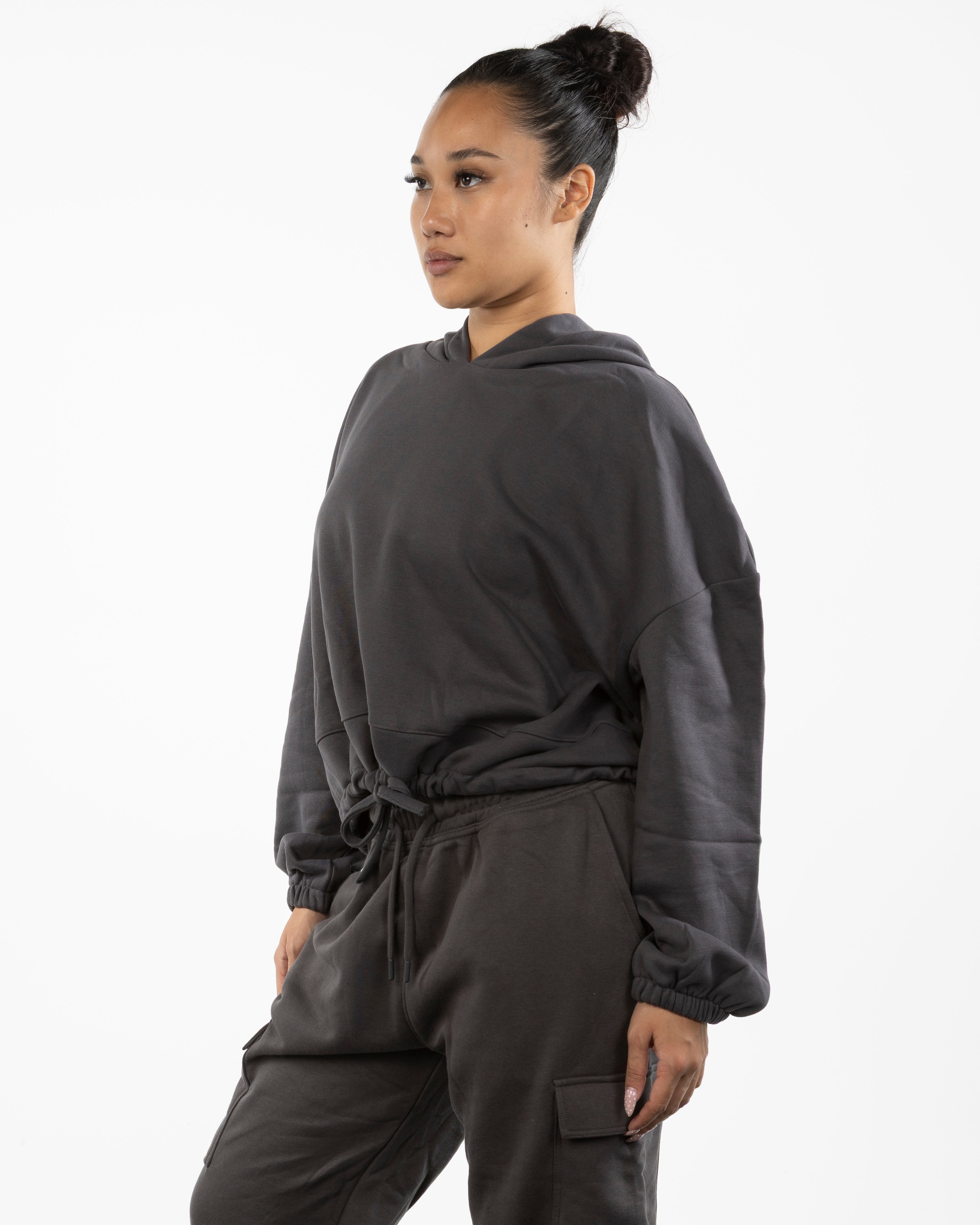 The Cropped Drawstring Hoodie - Charcoal - HiLo - Center Chest - Printed - OffWhite