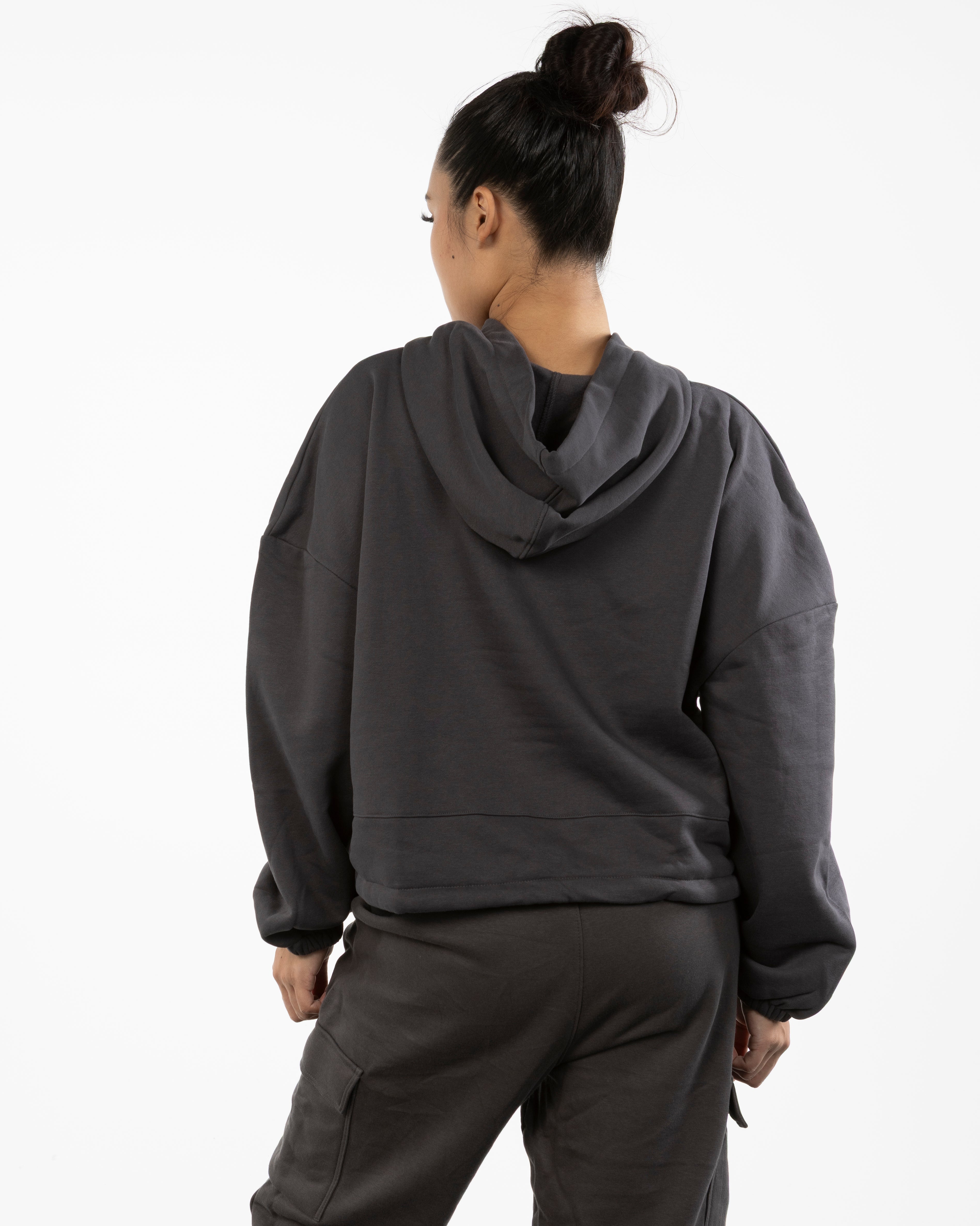 The Cropped Drawstring Hoodie - Charcoal - HiLo - Center Chest - Printed - OffWhite