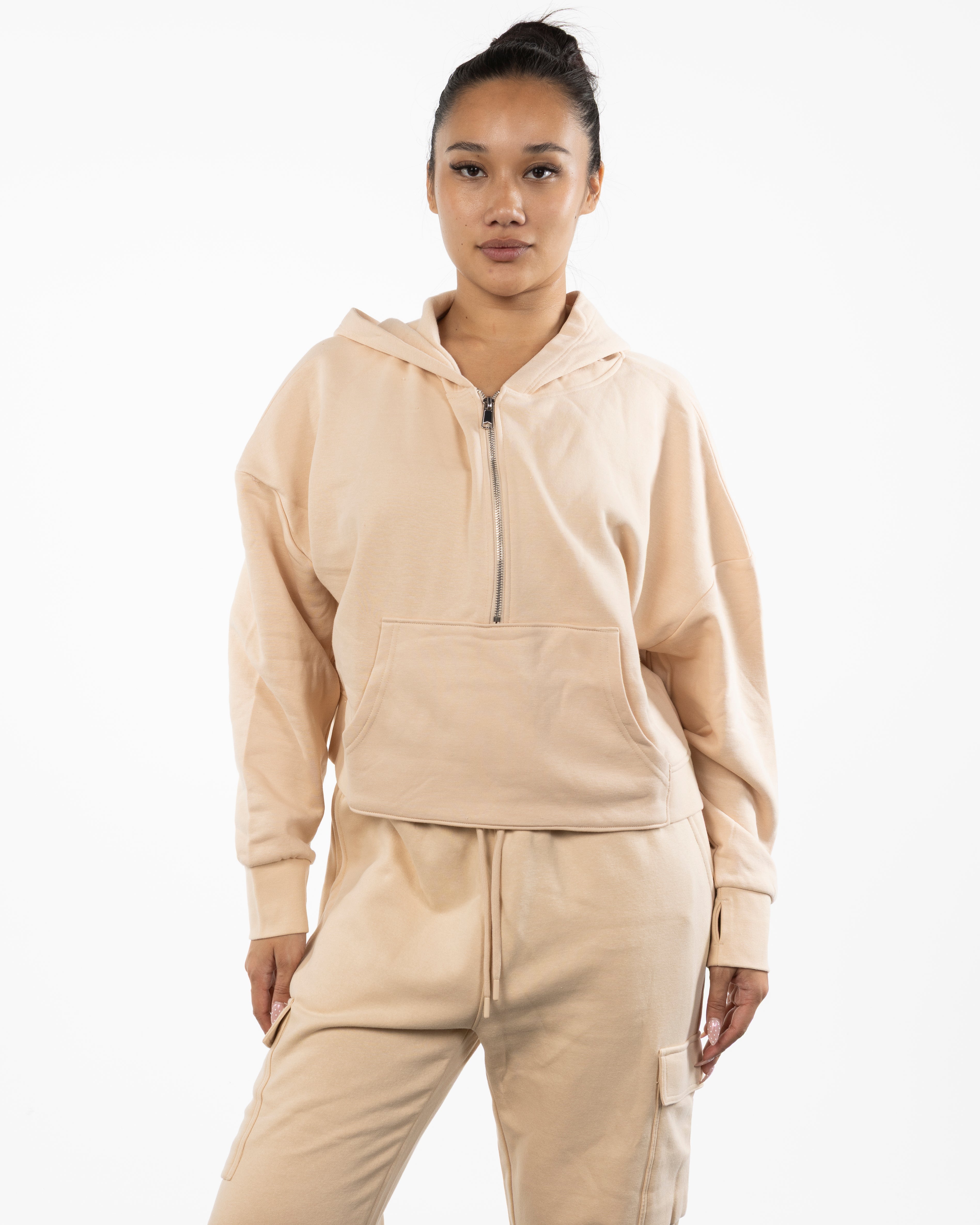 The Half Zip Hoodie - Nude - LA FORME PILATES - Left Sleeve - Embroidered - Full Back - Printed - Navy