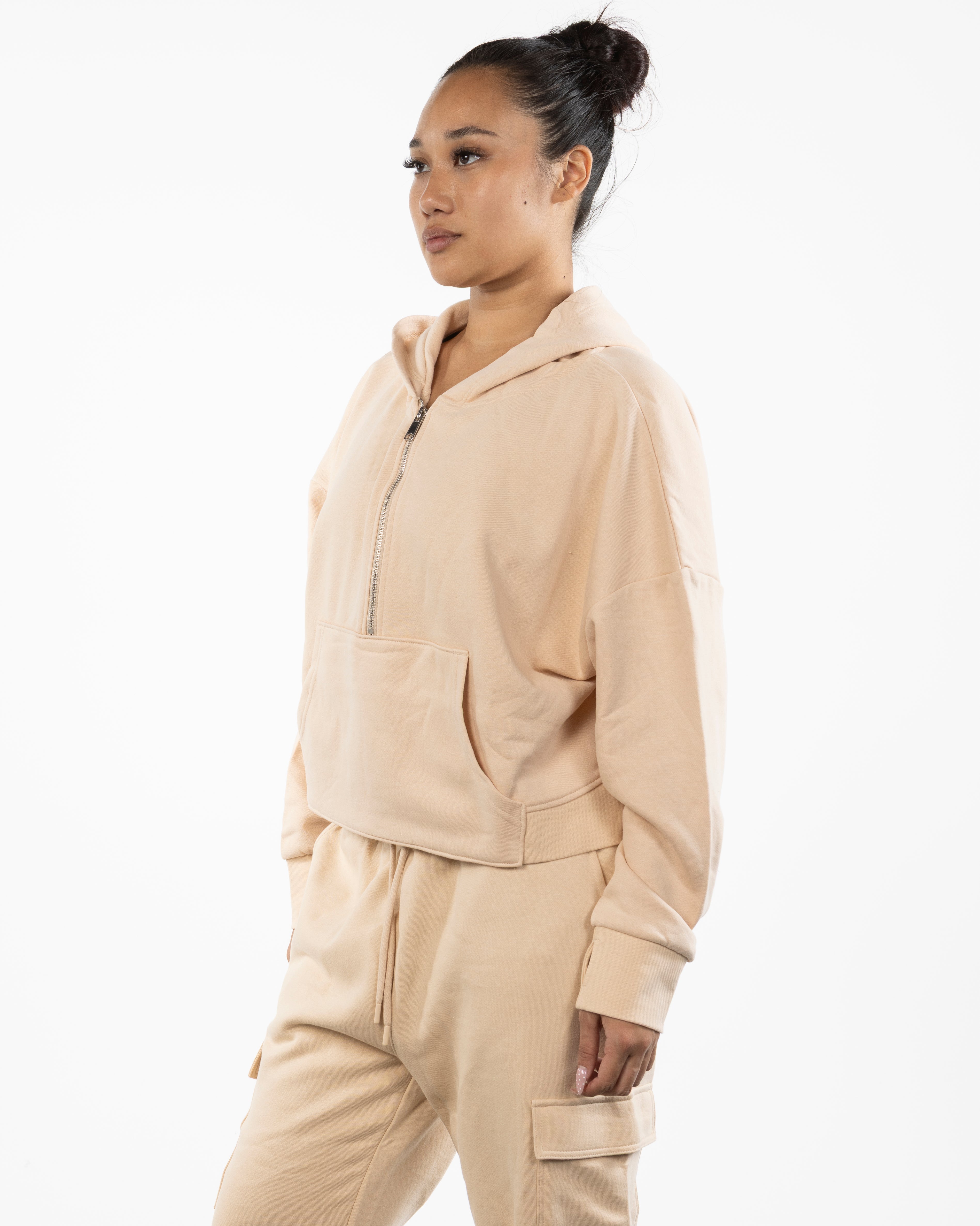 The Half Zip Hoodie - Nude - LA FORME PILATES - Left Sleeve - Embroidered - Full Back - Printed - Navy
