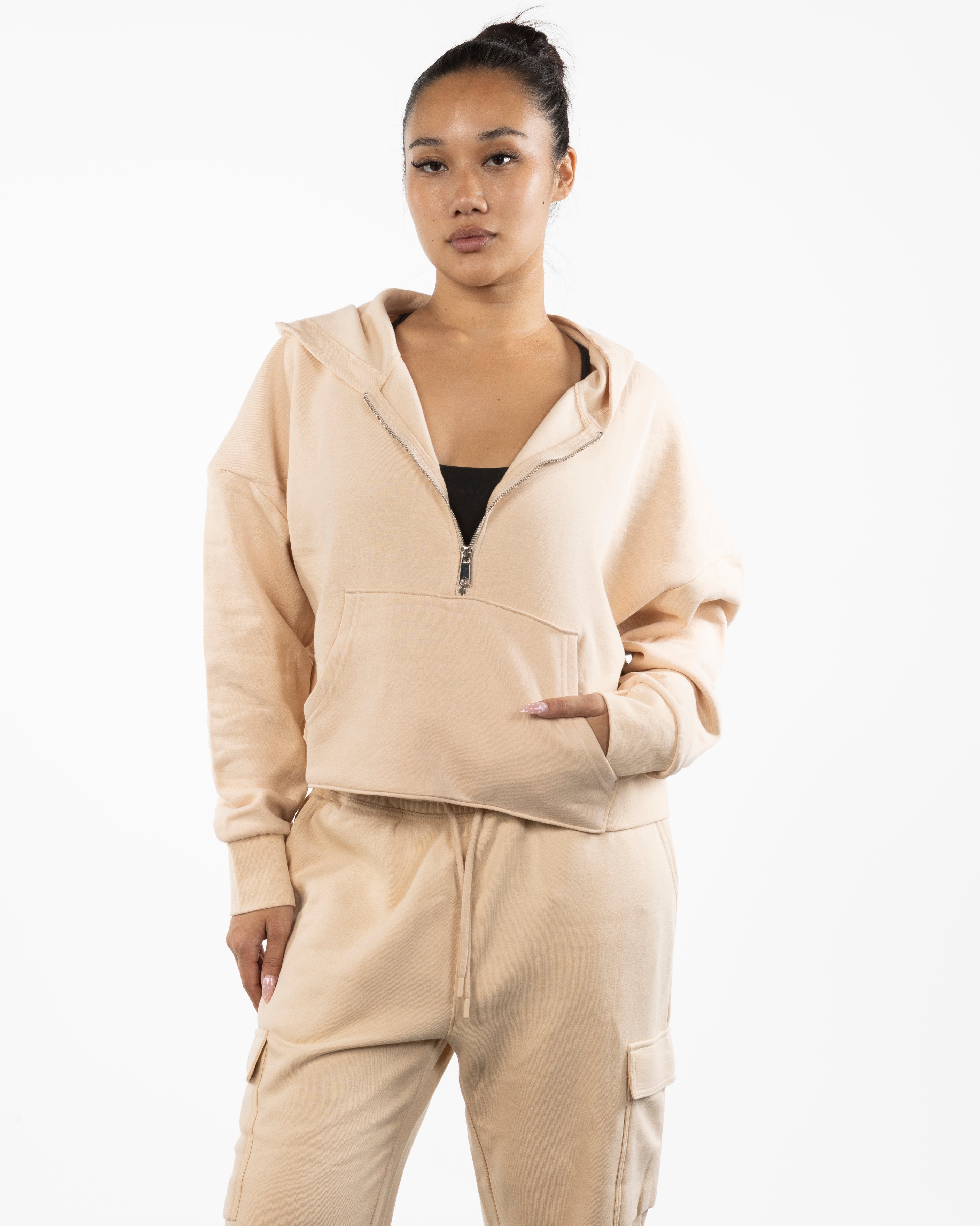 The Half Zip Hoodie - Nude - LA FORME PILATES - Left Sleeve - Embroidered - Full Back - Printed - Navy