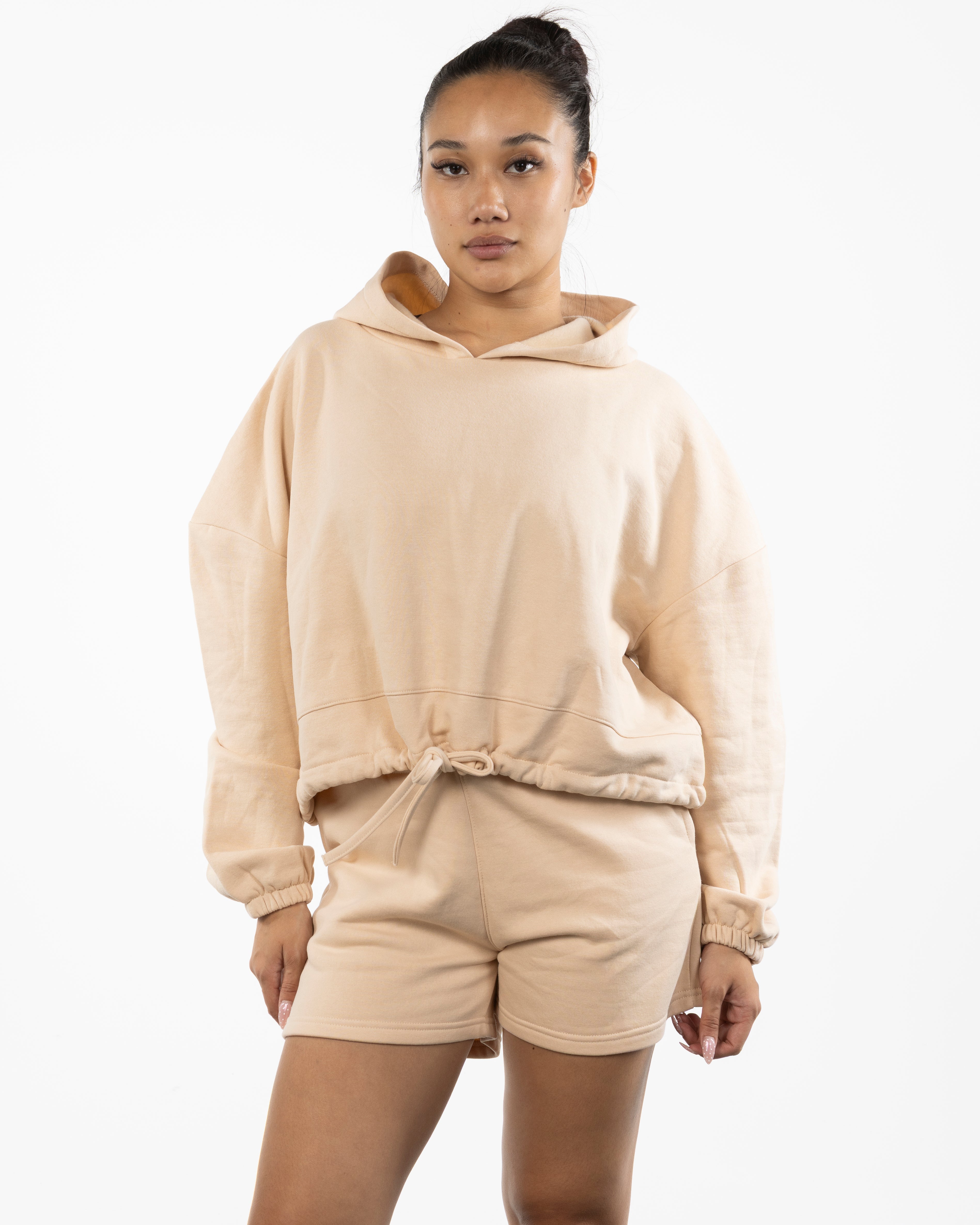 The Cropped Drawstring Hoodie - Nude - Center Chest - Printed - Full Color