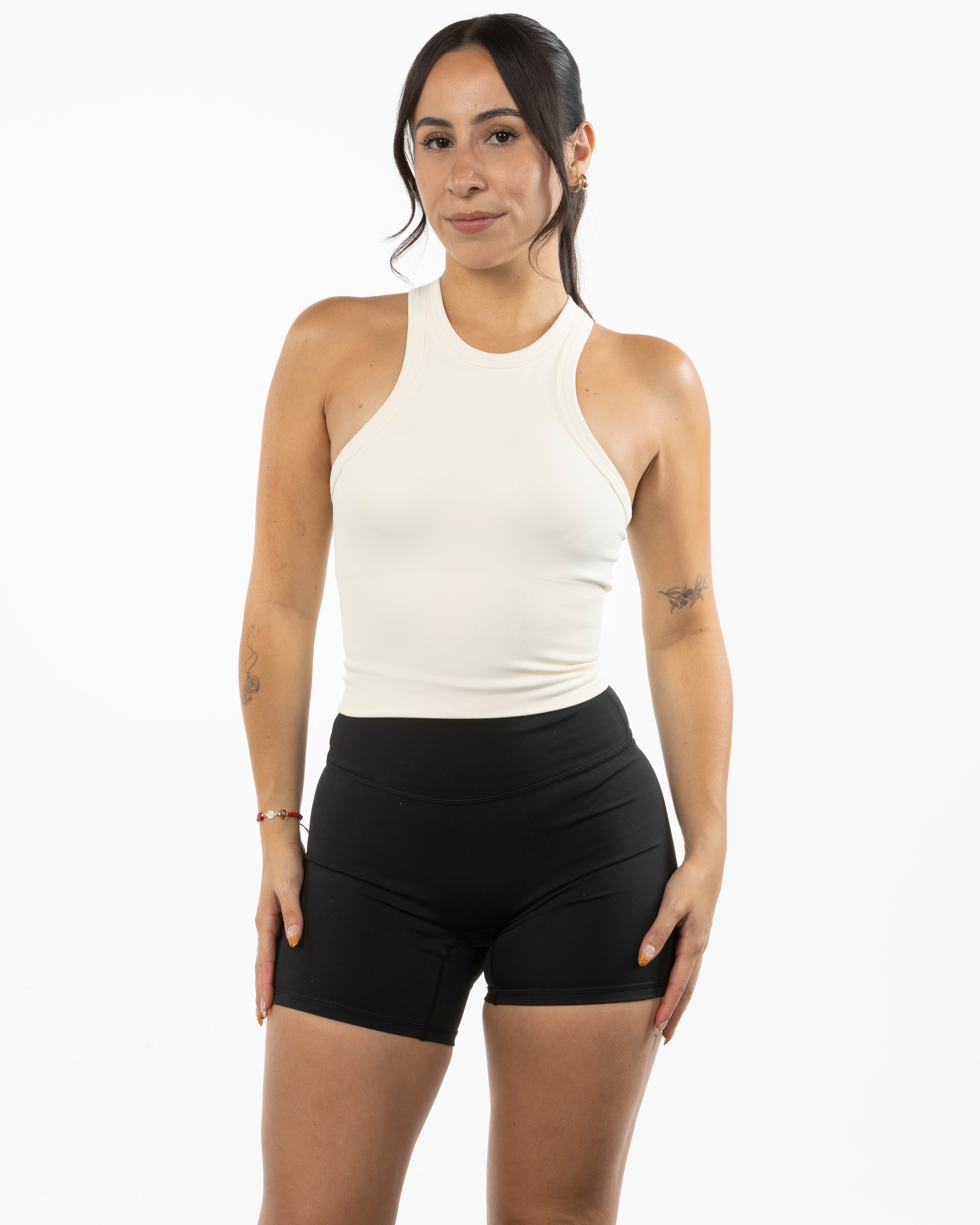 The High Neck Racer Tank - Beige - Studio Lagree - Center Chest & Center Back - Printed - Charcoal