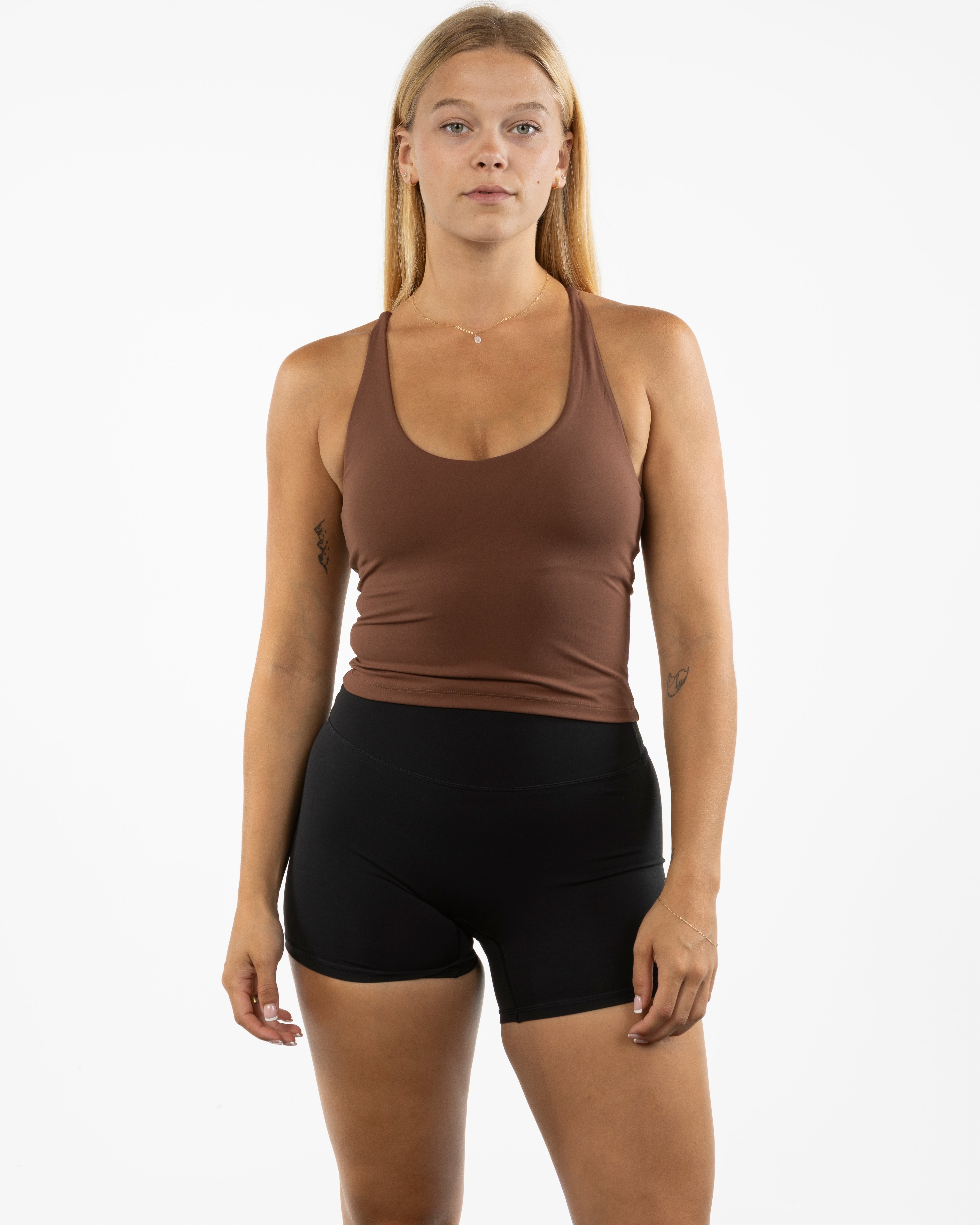 The Sporty Strappy Tank - Brown - Evolve Collective - Center Chest - Printed - White