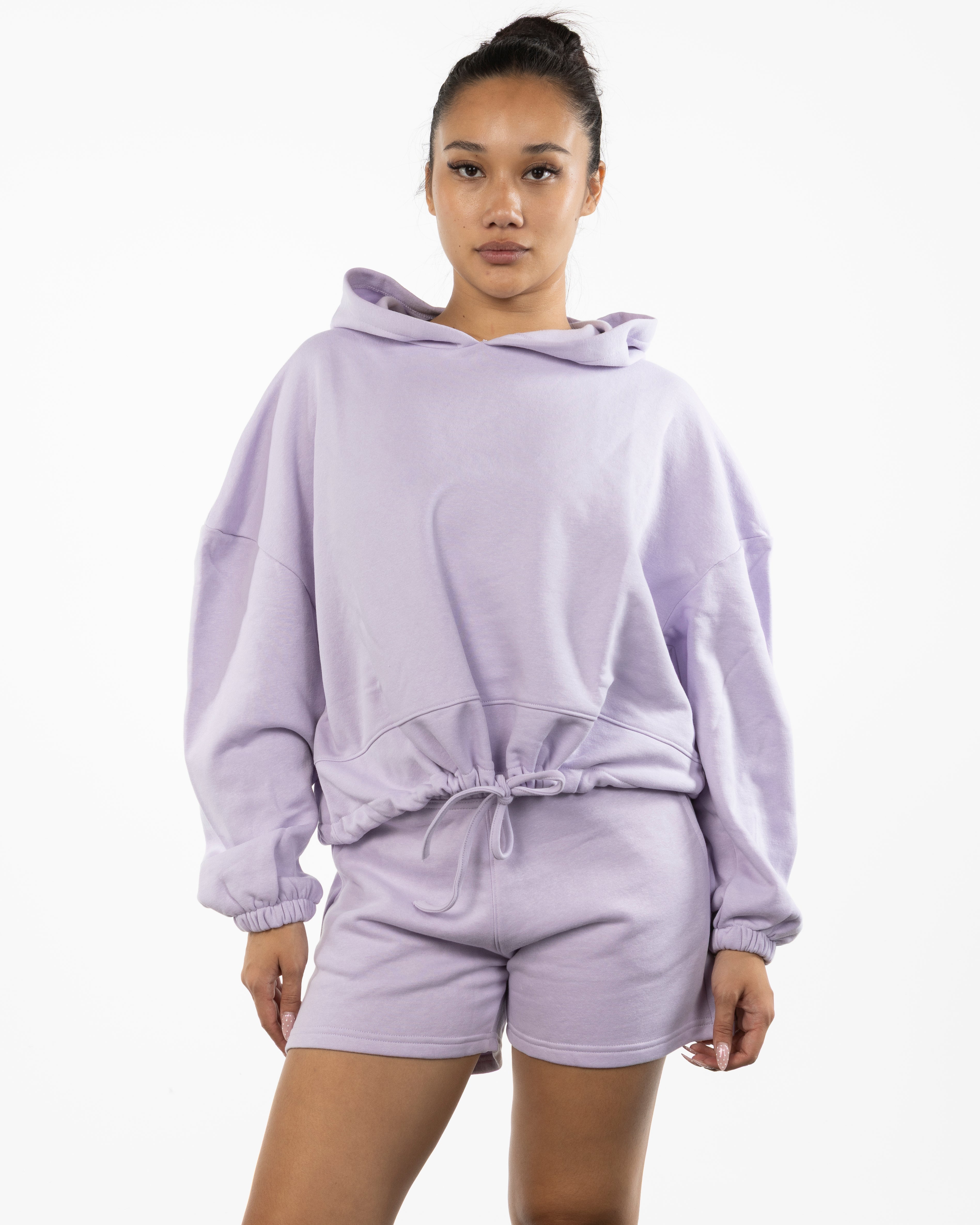 The Cropped Drawstring Hoodie - Lilac - SOUL YOGA - Left Chest Stacked - Embroidered - Plum