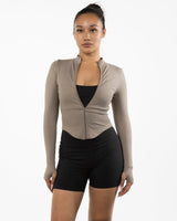 The 3/4 Crop Zip Jacket - Brown - Core Reform - Left Chest - Printed - Black