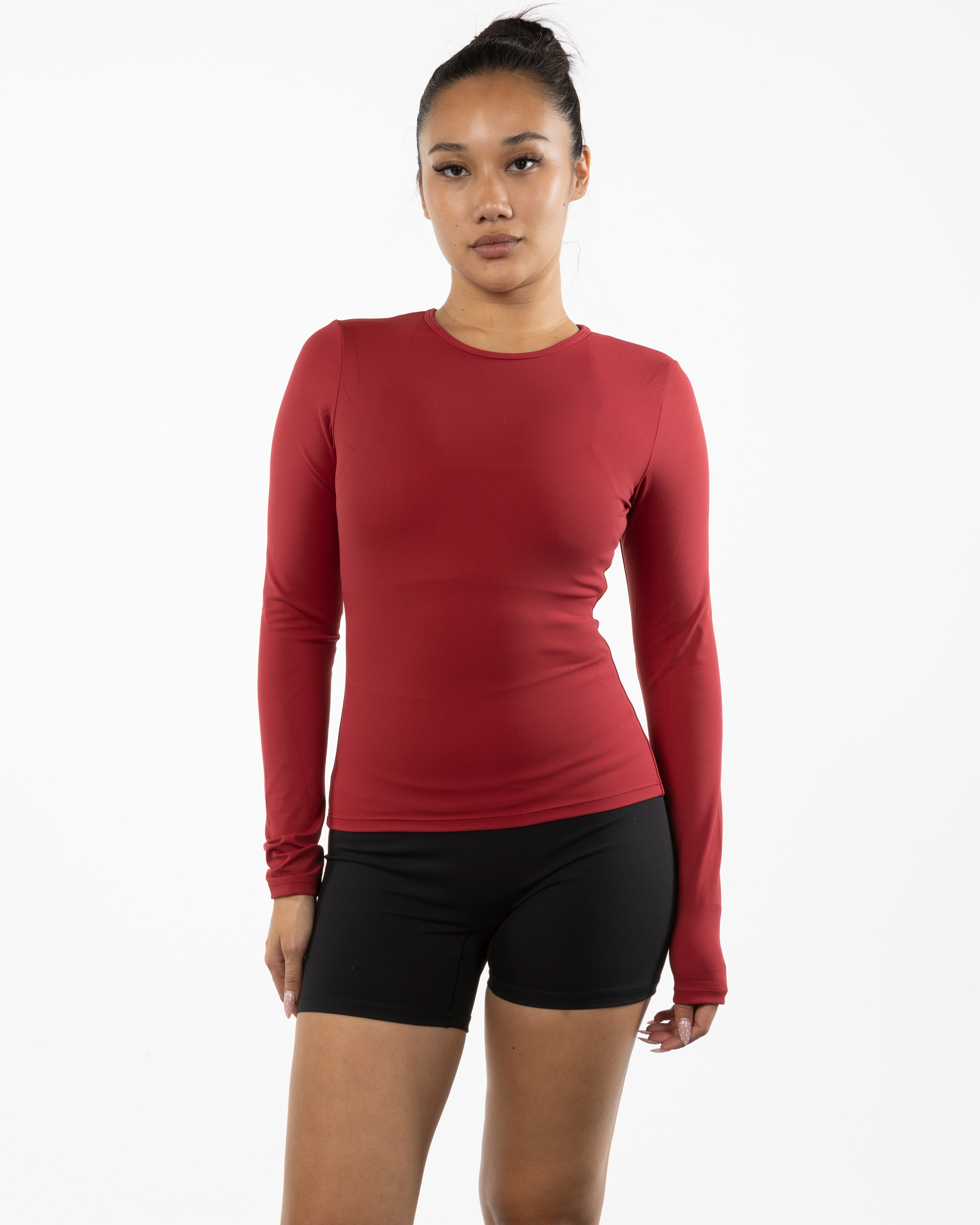 The Womens Sporty Long Sleeve - Red - Bare Pilates - Center Chest - Printed - White