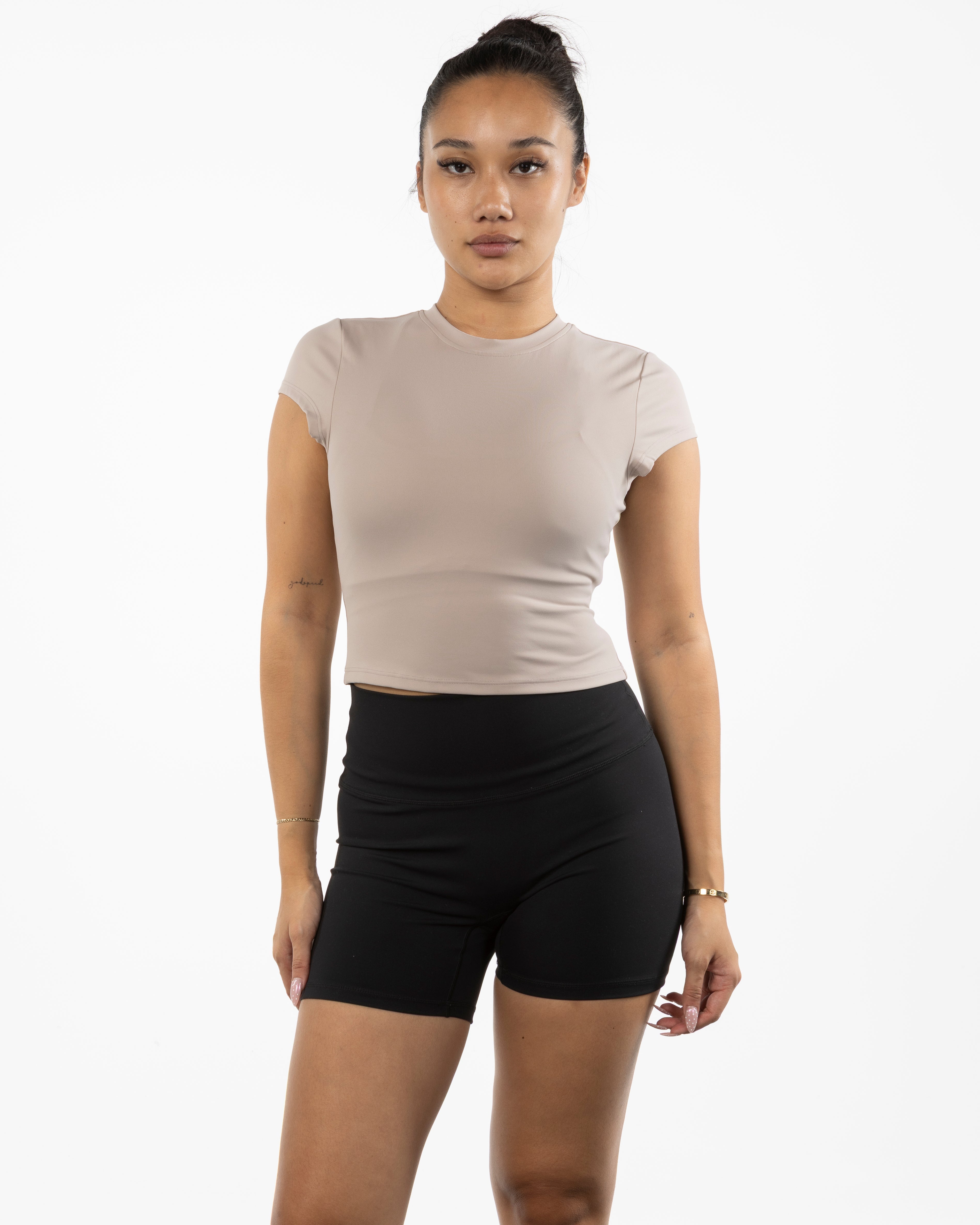 The Sporty Crop Short Sleeve - Light Brown - Honor Pilates - Center Chest Arched - Printed - Tone on Tone