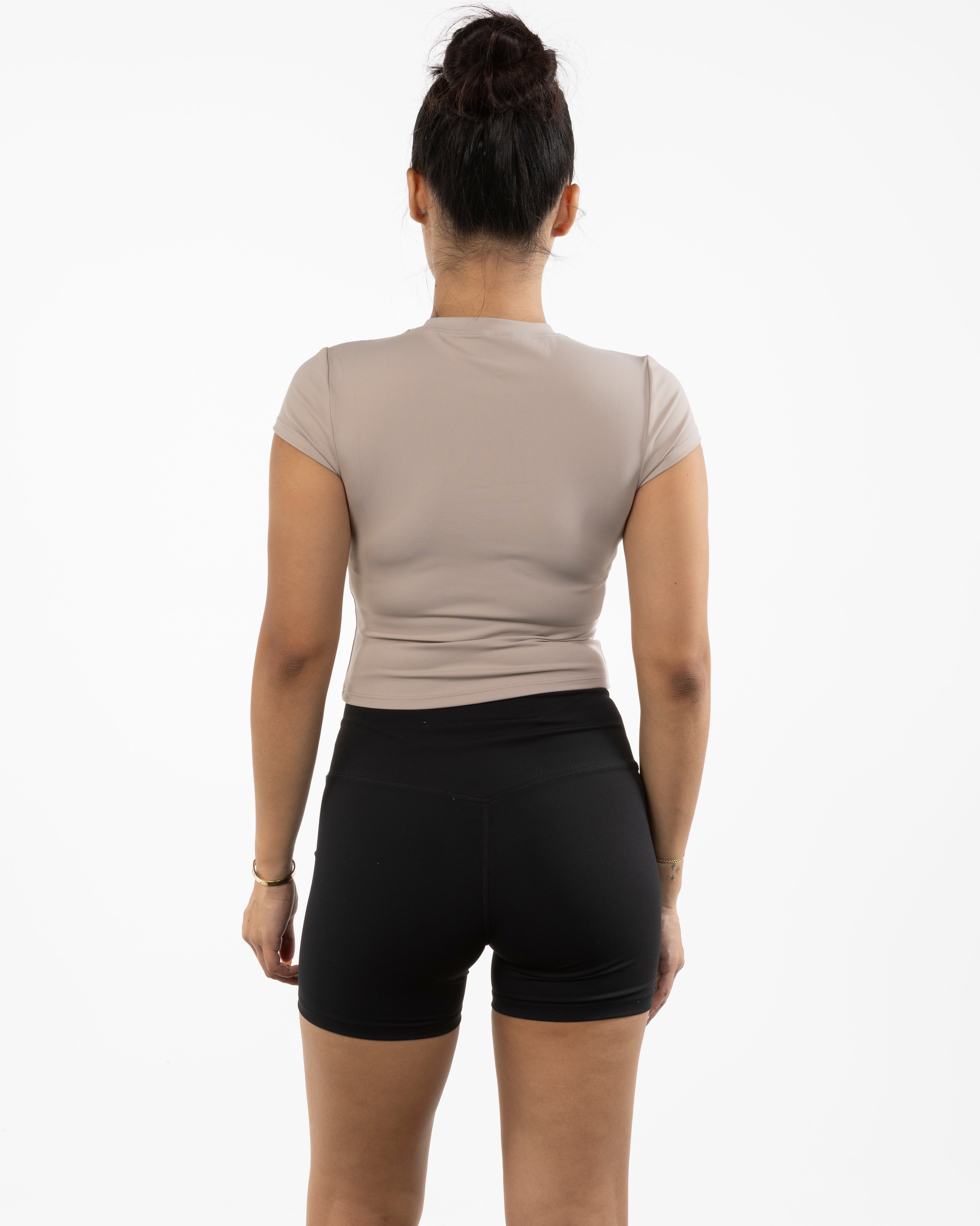 The Sporty Crop Short Sleeve - Light Brown - Honor Pilates - Center Chest Arched - Printed - Tone on Tone