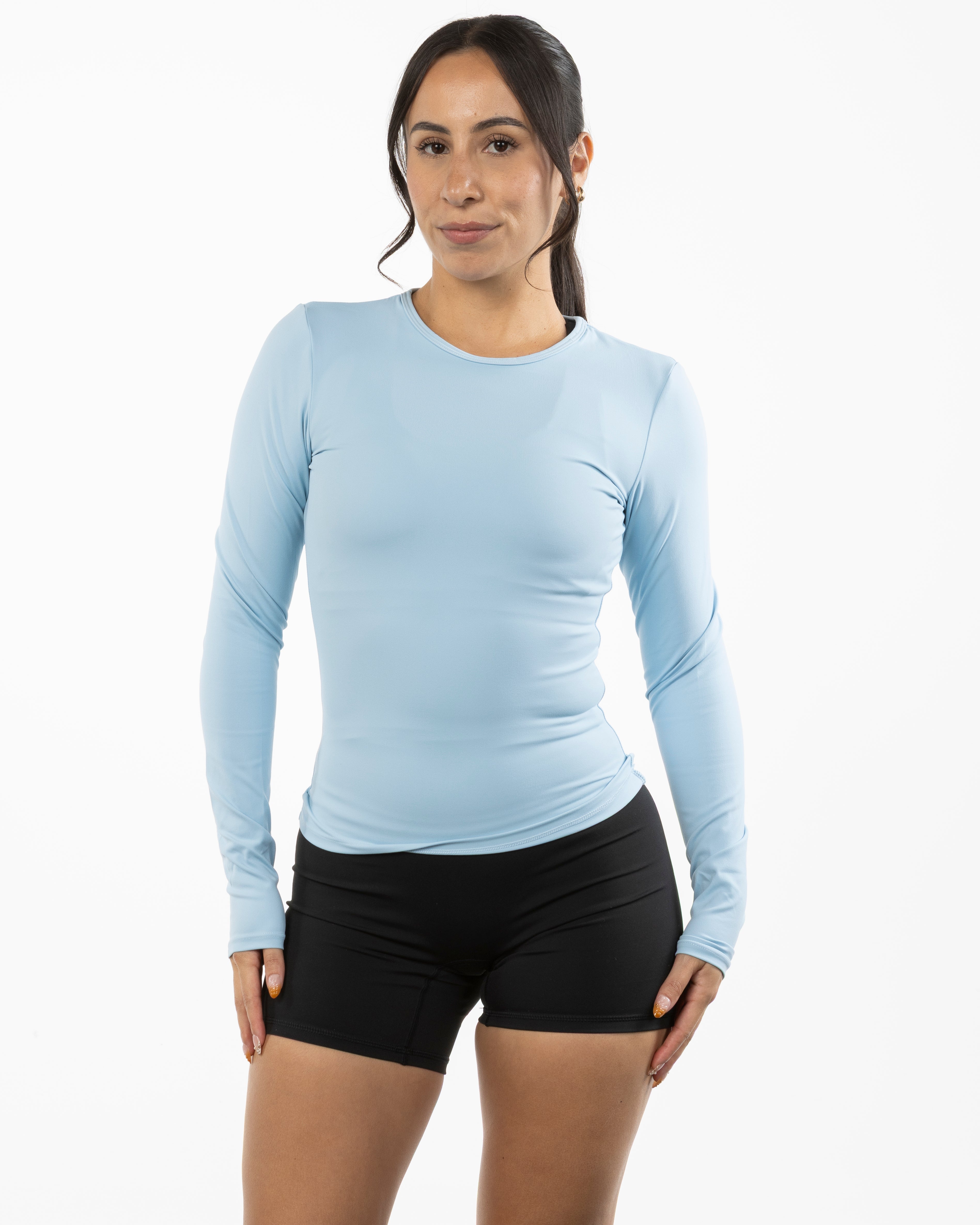 The Womens Sporty Long Sleeve - Blue - Gladden Gains - Center Chest - Printed - White