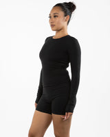 The Womens Sporty Long Sleeve - Black - Pulse 712 - Center Chest Stacked - Printed - White