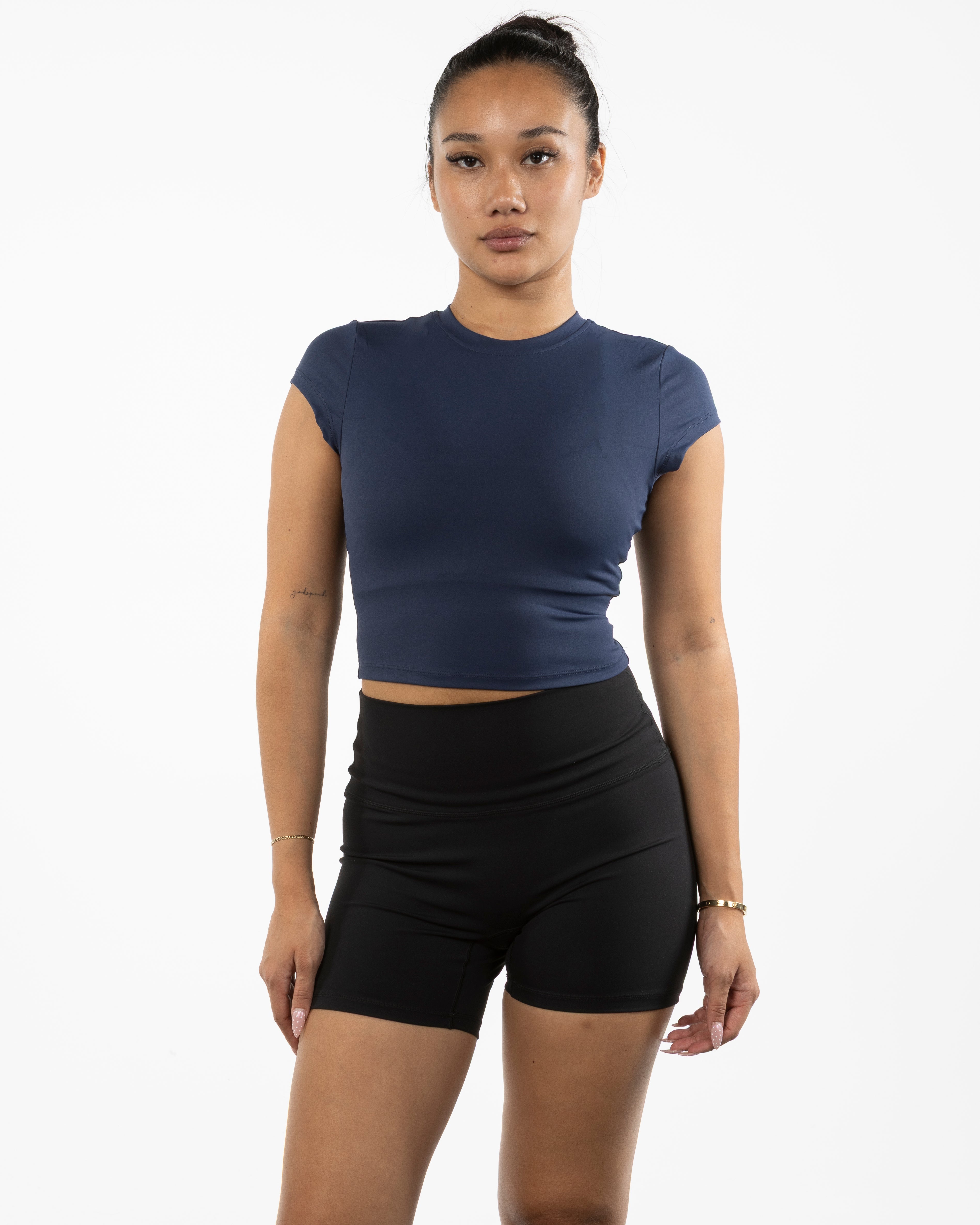 The Sporty Crop Short Sleeve - Navy - Pilates Plus PB - Center Chest - Printed - White