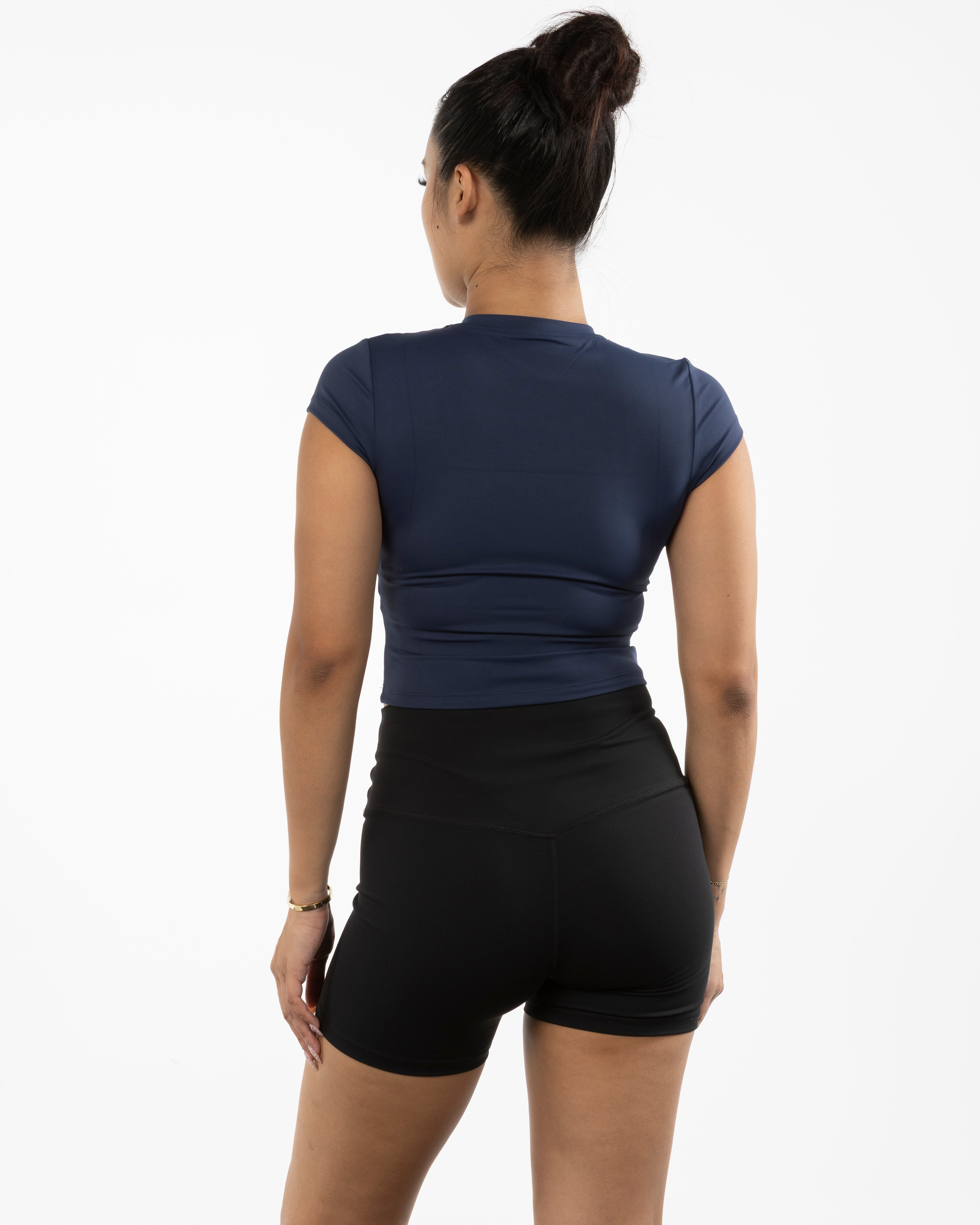 The Sporty Crop Short Sleeve - Navy - Pilates Plus PB - Center Chest - Printed - White