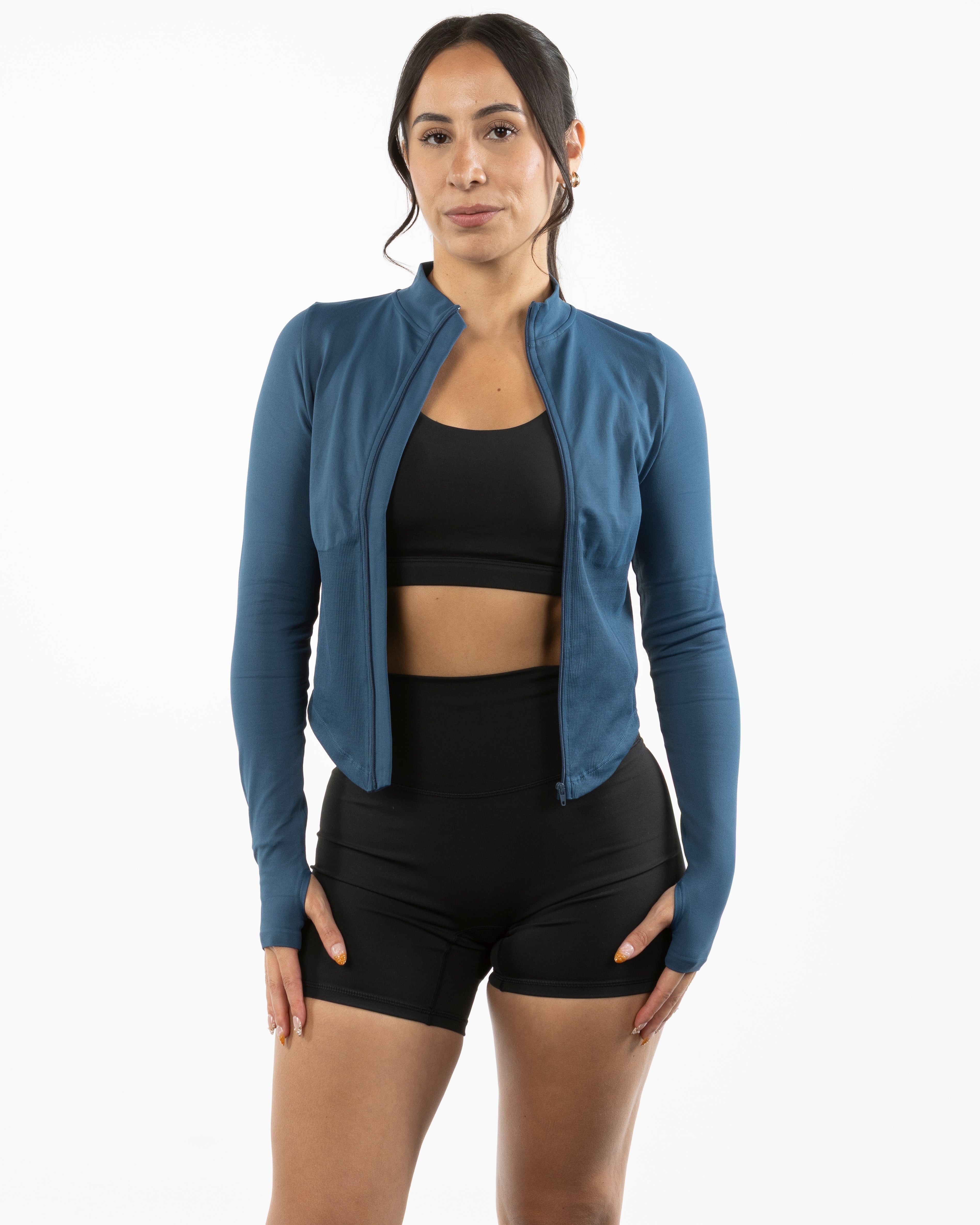 The 3/4 Crop Zip Jacket - Blue - Gladden Gains - Left Chest - Printed - White