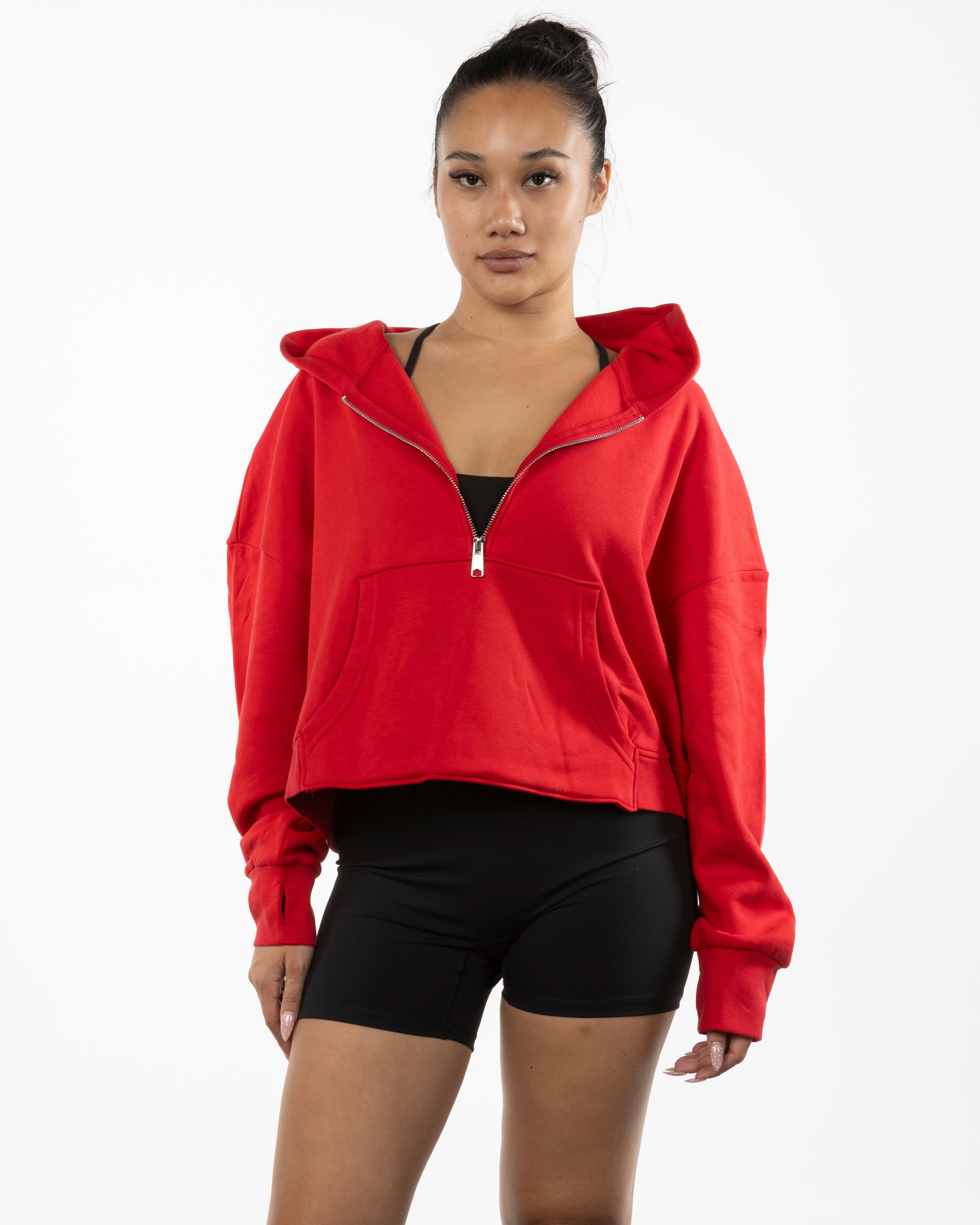 The Half Zip Hoodie - Red - LA FORME PILATES - Left Sleeve Embroidered & Back Stacked Printed - White