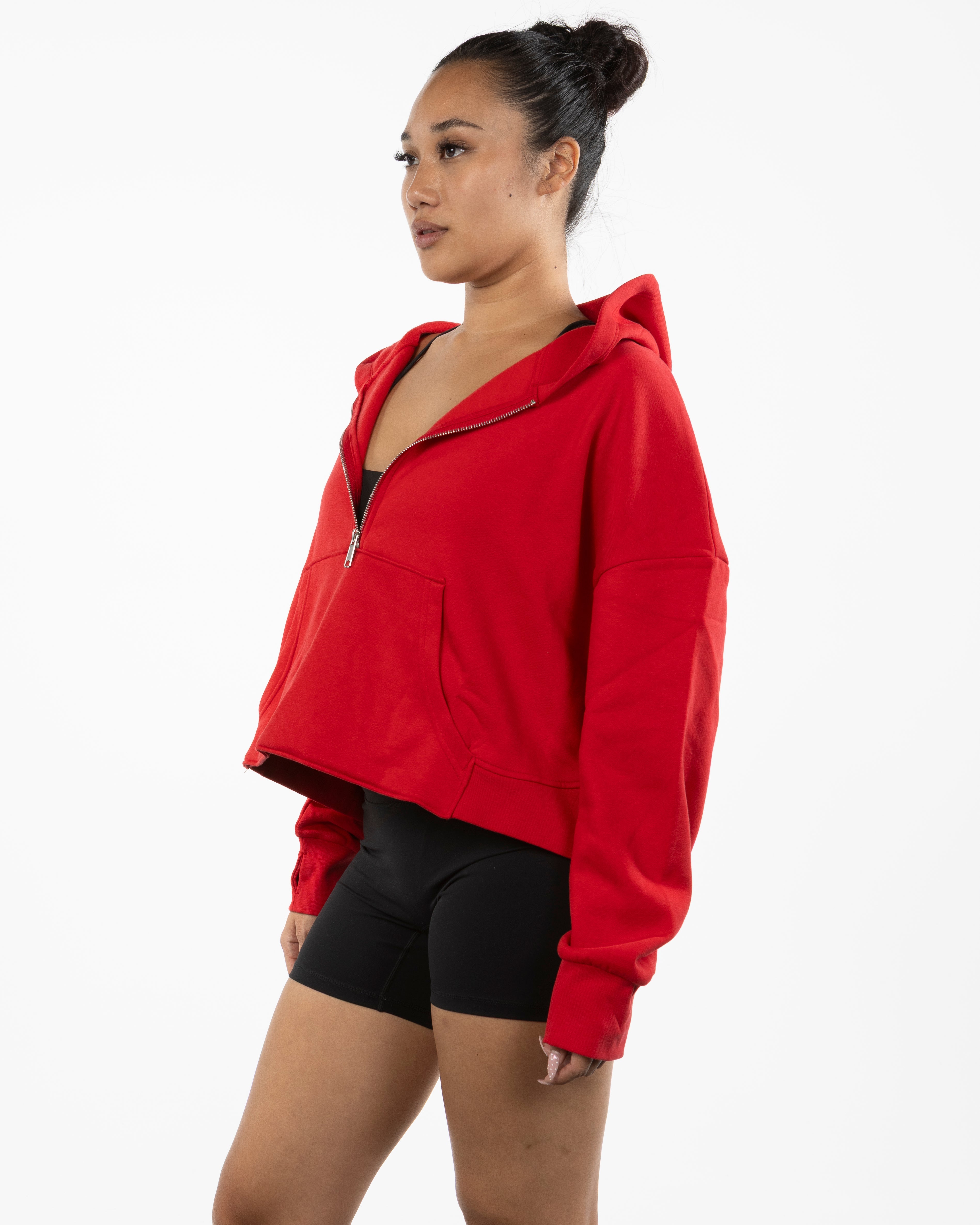 The Half Zip Hoodie - Red - LA FORME PILATES - Left Sleeve Embroidered & Back Stacked Printed - White