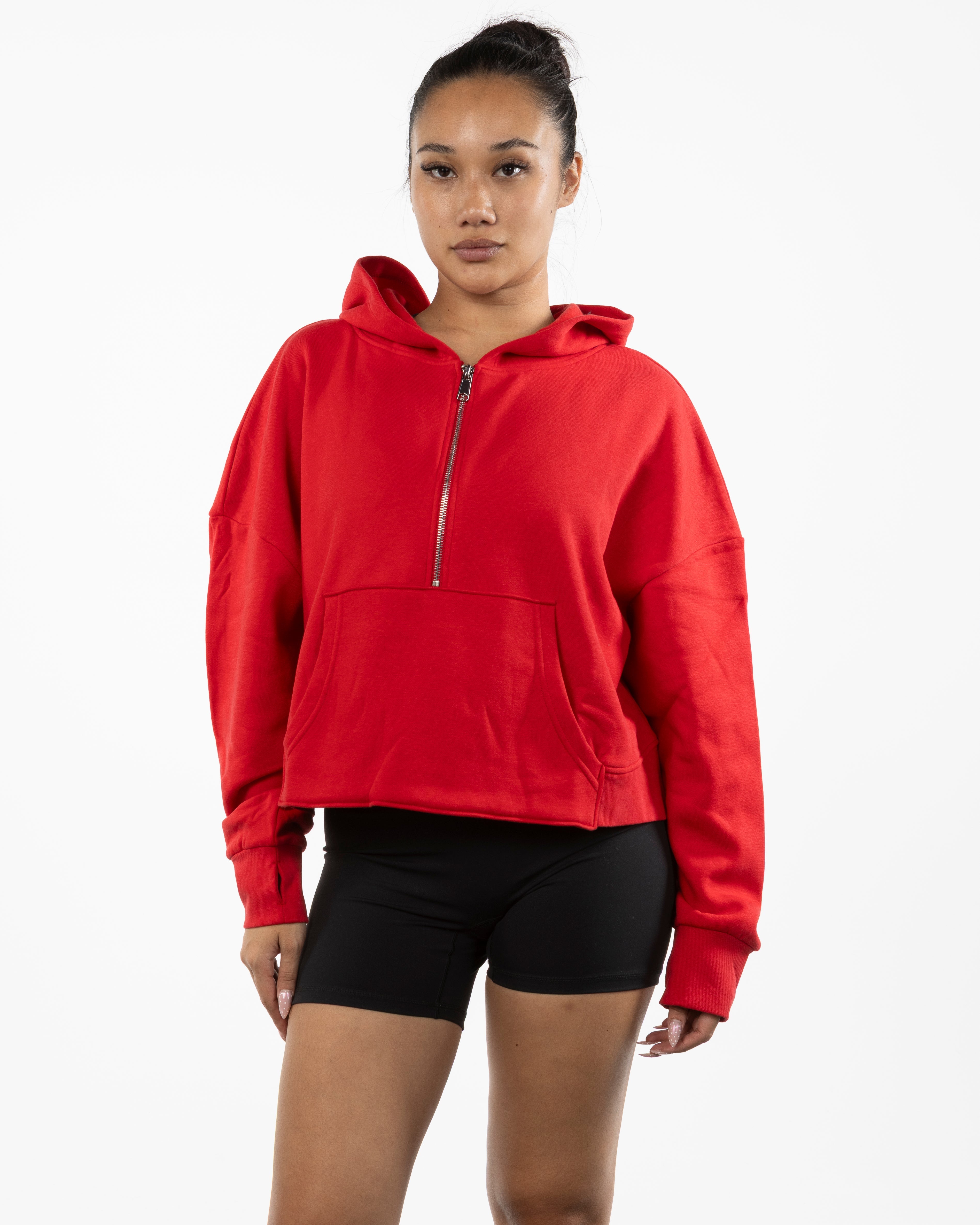 The Half Zip Hoodie - Red - LA FORME PILATES - Left Sleeve Embroidered & Back Stacked Printed - White
