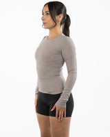 The Womens Sporty Long Sleeve - Grey - Pulse 712 - Center Chest Stacked - Printed - White