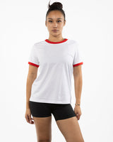 The Womens Ringer Tee - White / Red - Daybreak Church - Center Chest & Full Back - Printed - Red