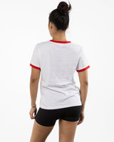 The Womens Ringer Tee - White / Red - Daybreak Church - Center Chest & Full Back - Printed - Red