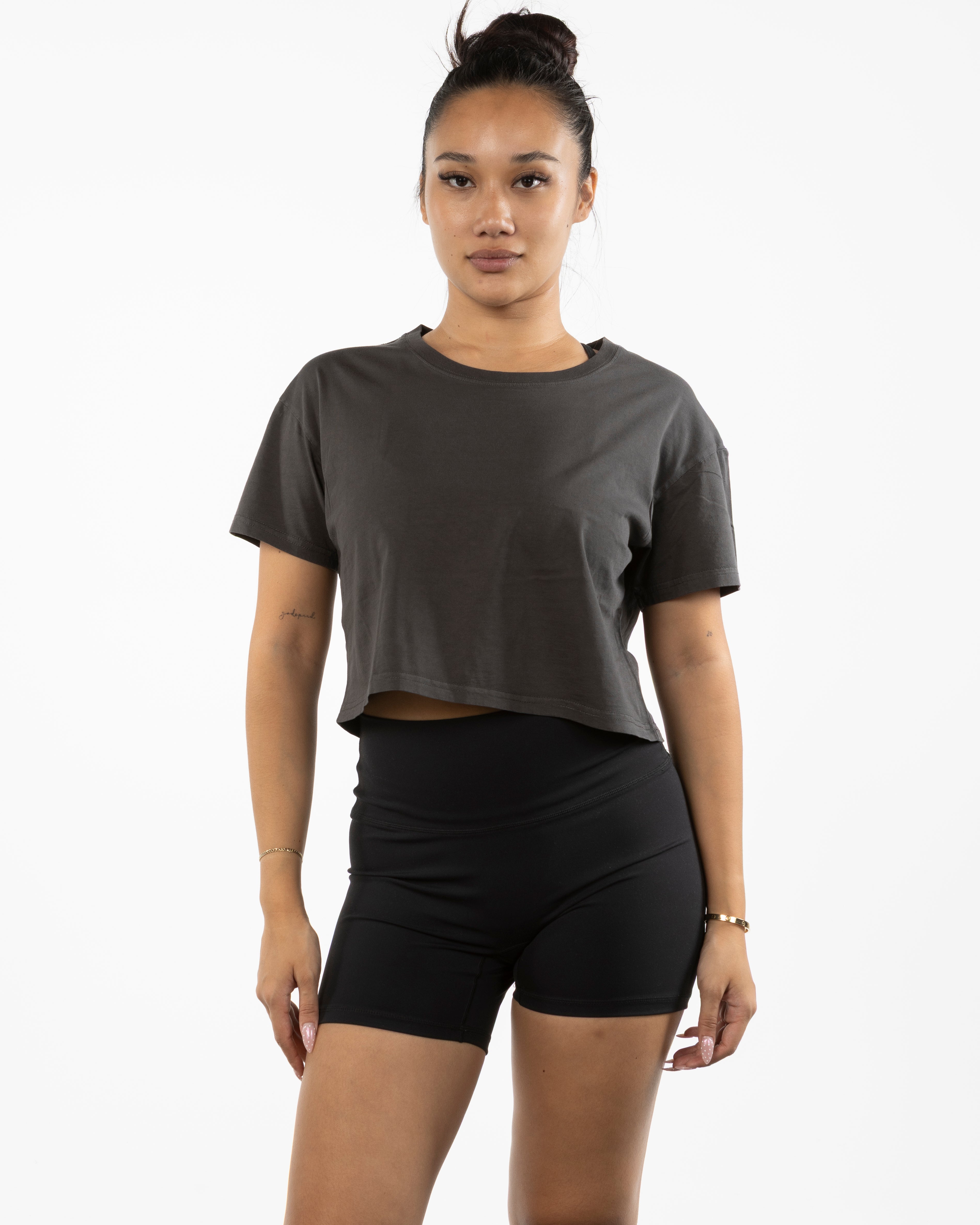 The Crop Tee - Washed Black - Powerhouse Fitness - Left Chest & Back Stacked - Printed - #7ccaff