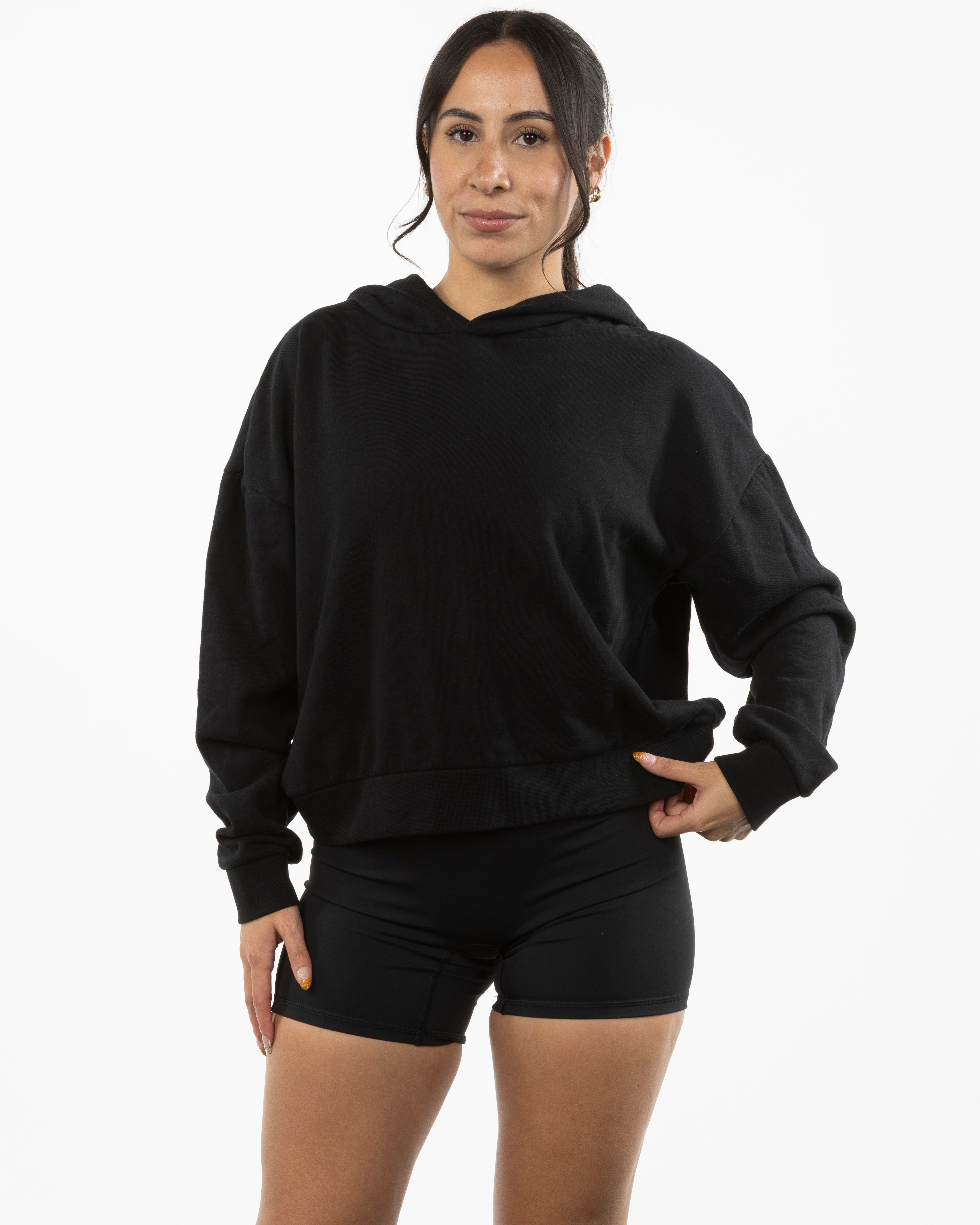 The Womens Lightweight Cropped Hoodie - Black - Pure Movement LARK - Center Chest - Embroidered - Tone on Tone