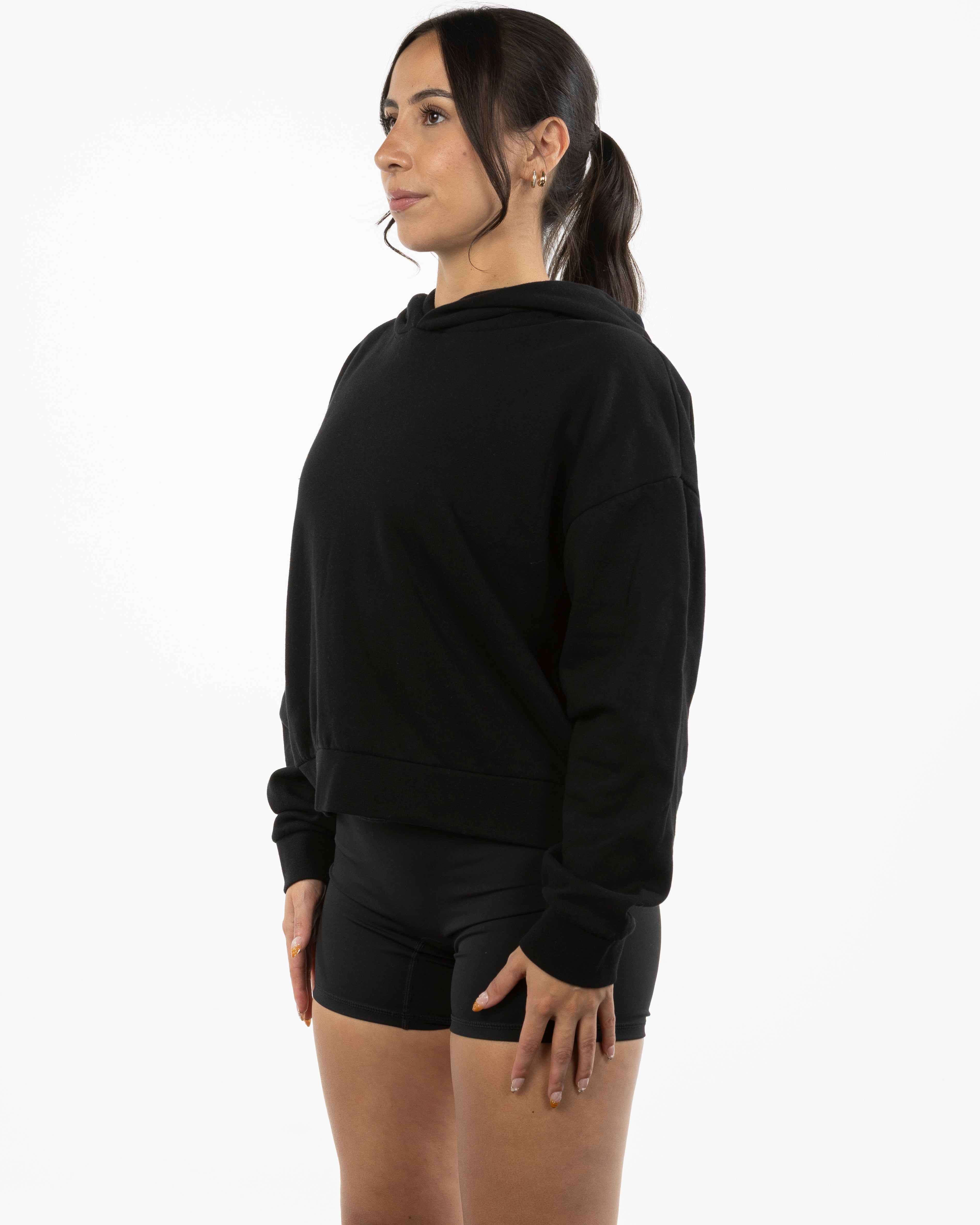 The Womens Lightweight Cropped Hoodie - Black - Pure Movement LARK - Center Chest - Embroidered - Tone on Tone