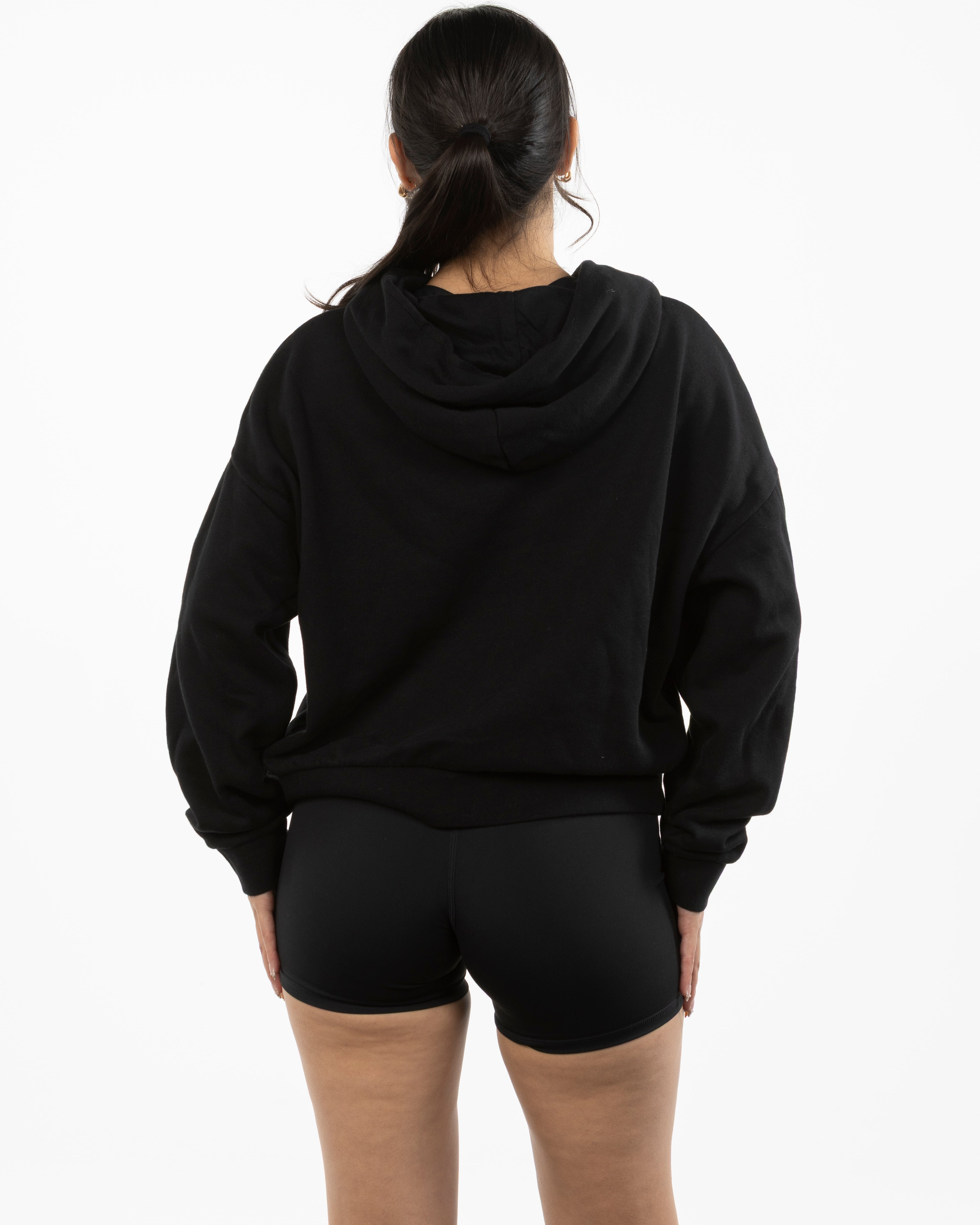 The Womens Lightweight Cropped Hoodie - Black - Pure Movement LARK - Center Chest - Embroidered - Tone on Tone